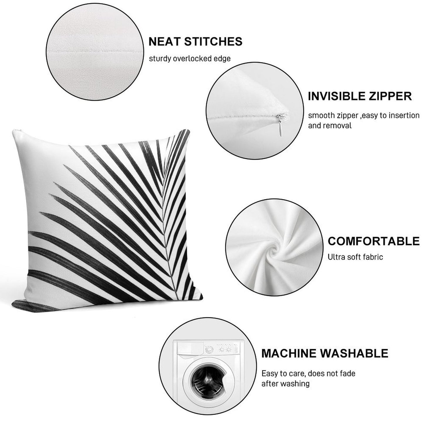 PALM LEAF Black & White Soft Home Decor Throw Pillow