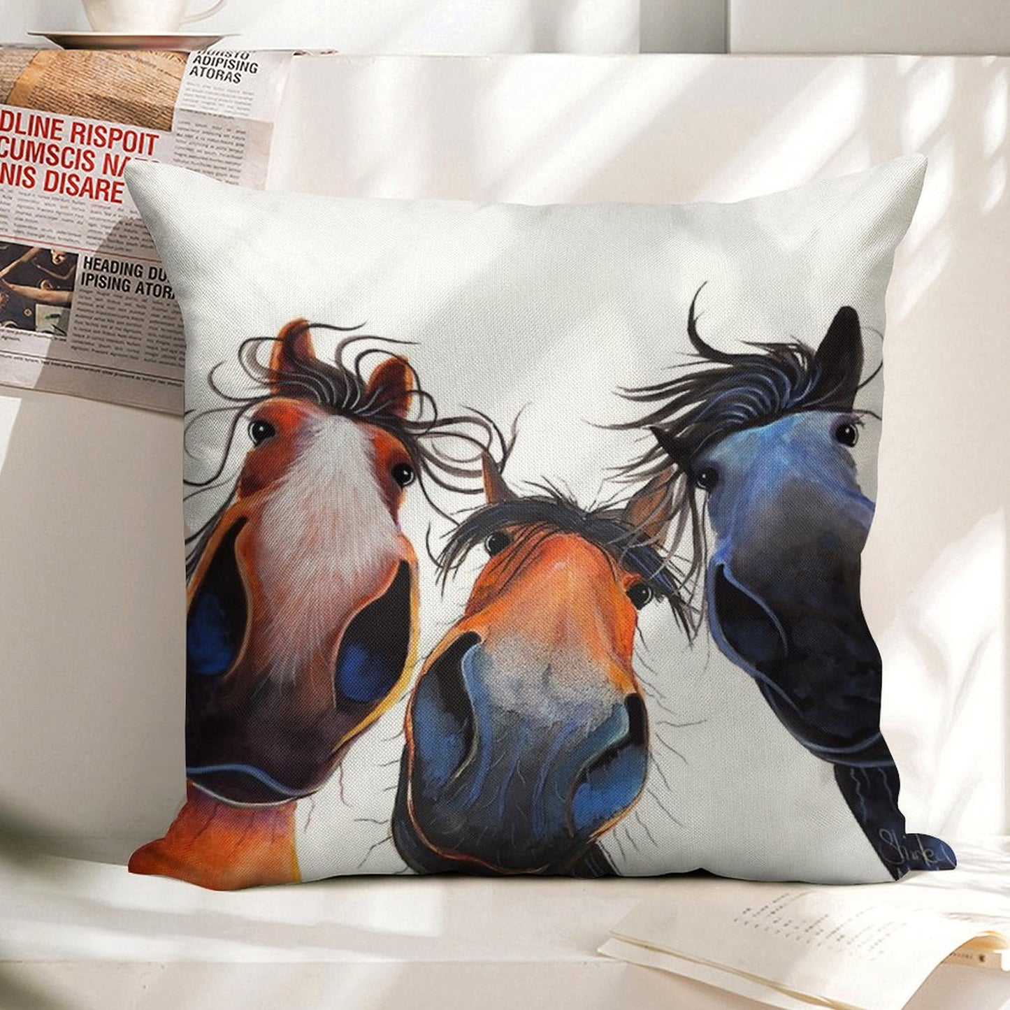 HaPPY HoRSe PRiNT ' WHo LeFT THe GaTe OPeN ' BY SHiRLeY MacARTHuR Linen Throw Pillow Cover