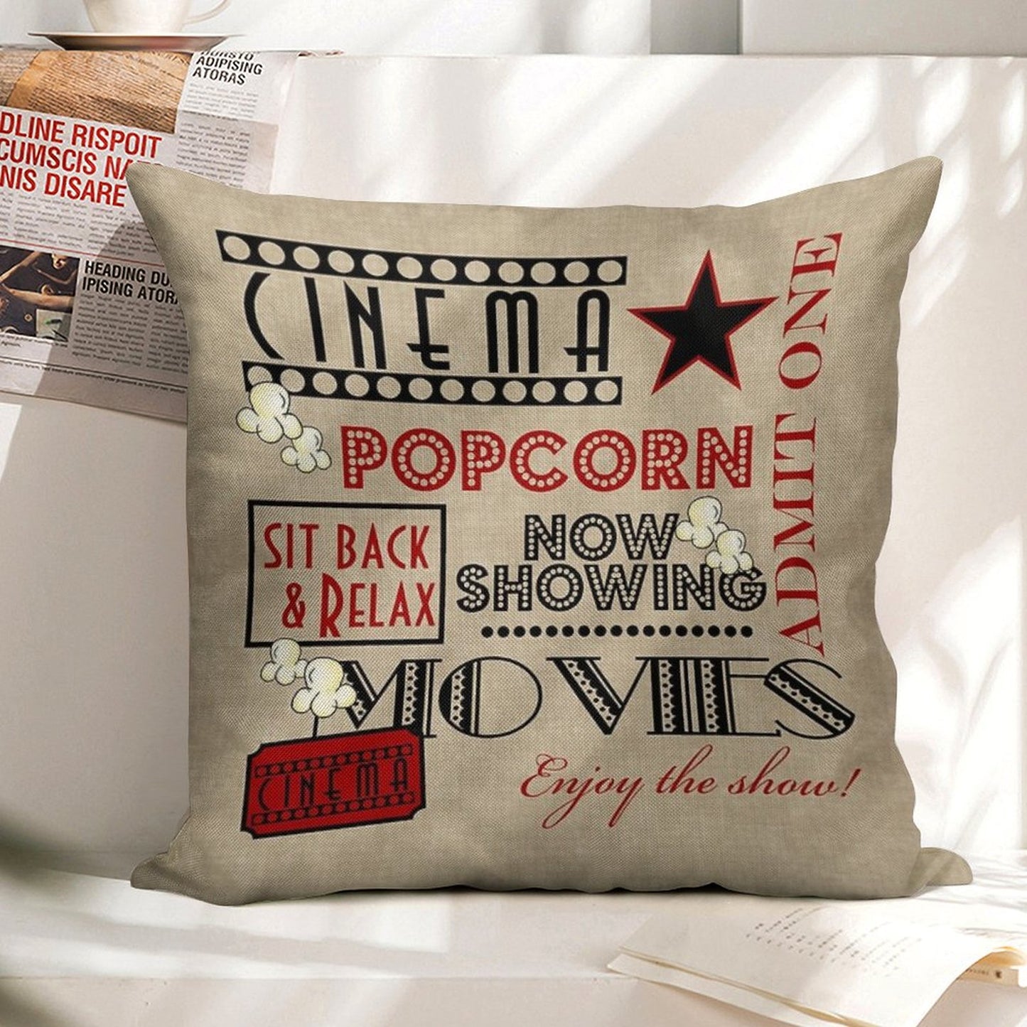 Movie Theater Cinema Admit One Ticket Pillow-Red Linen Throw Pillow Cover