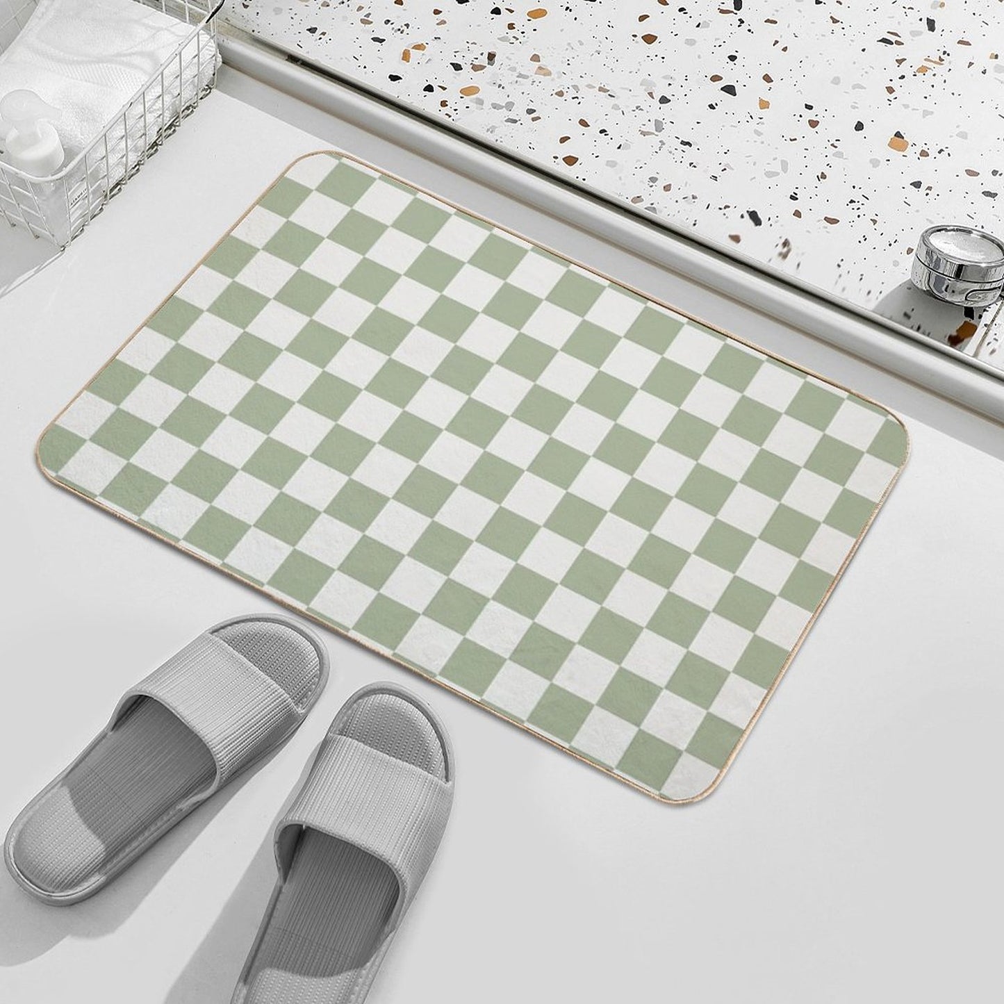 Checkerboard Mini Check Pattern in Sage Green And Off White Bath Mat