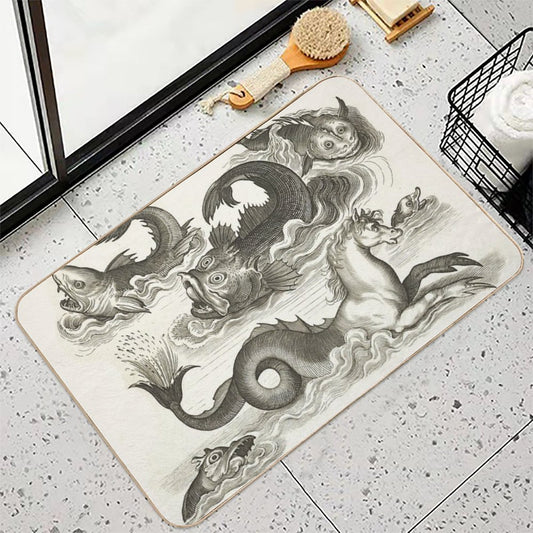 MEDIEVAL BESTIARY,Black White Fantastic Aquatic Animals And Sea Horse of Neptune Bath Mat