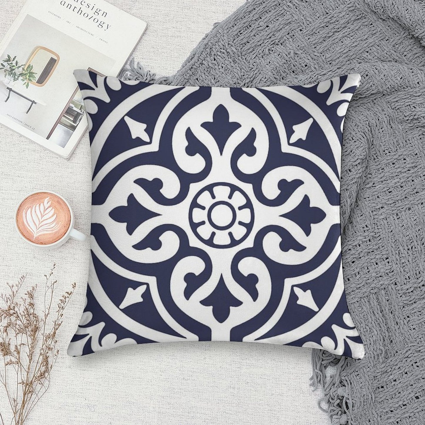 Hamptons Blue And White Moroccan Talavera Tile Soft Short Plush Fabric Throw Pillow
