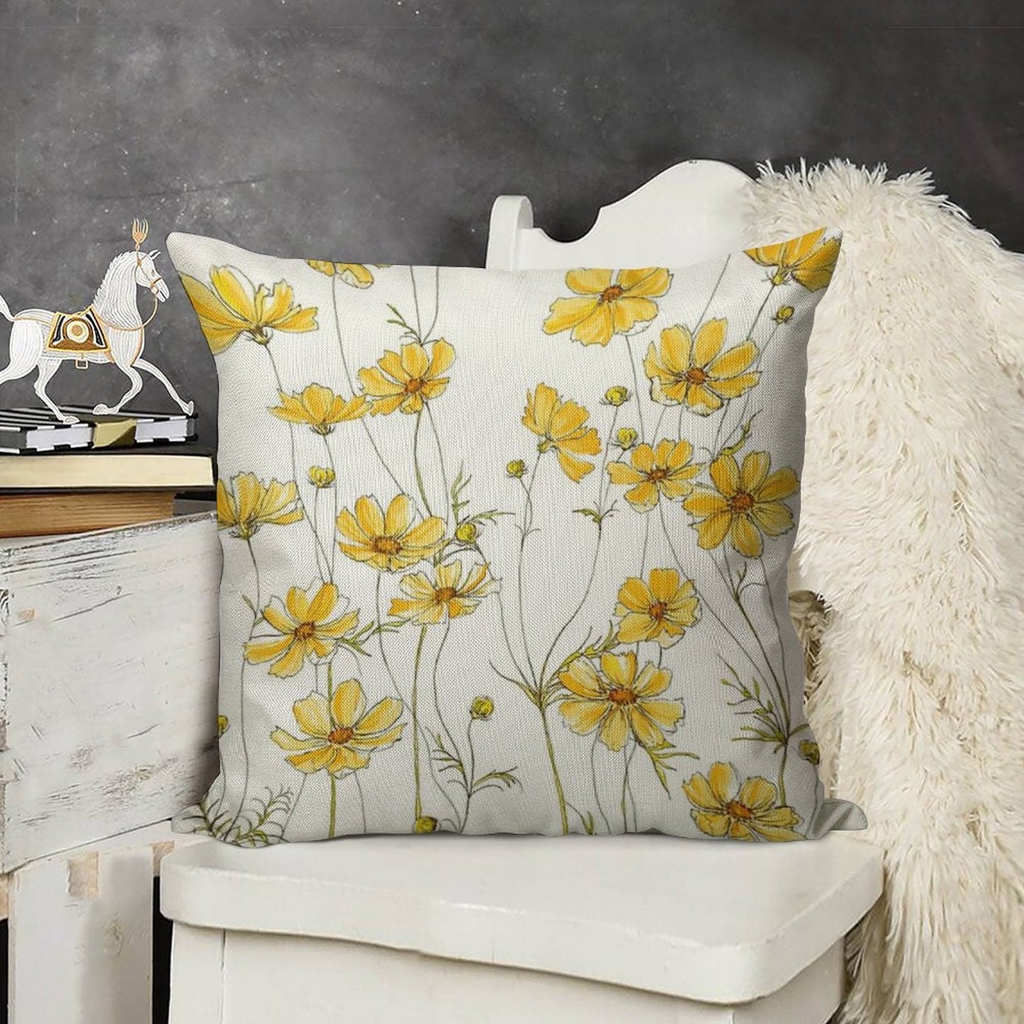 Yellow Cosmos Flowers Linen Throw Pillow Cover