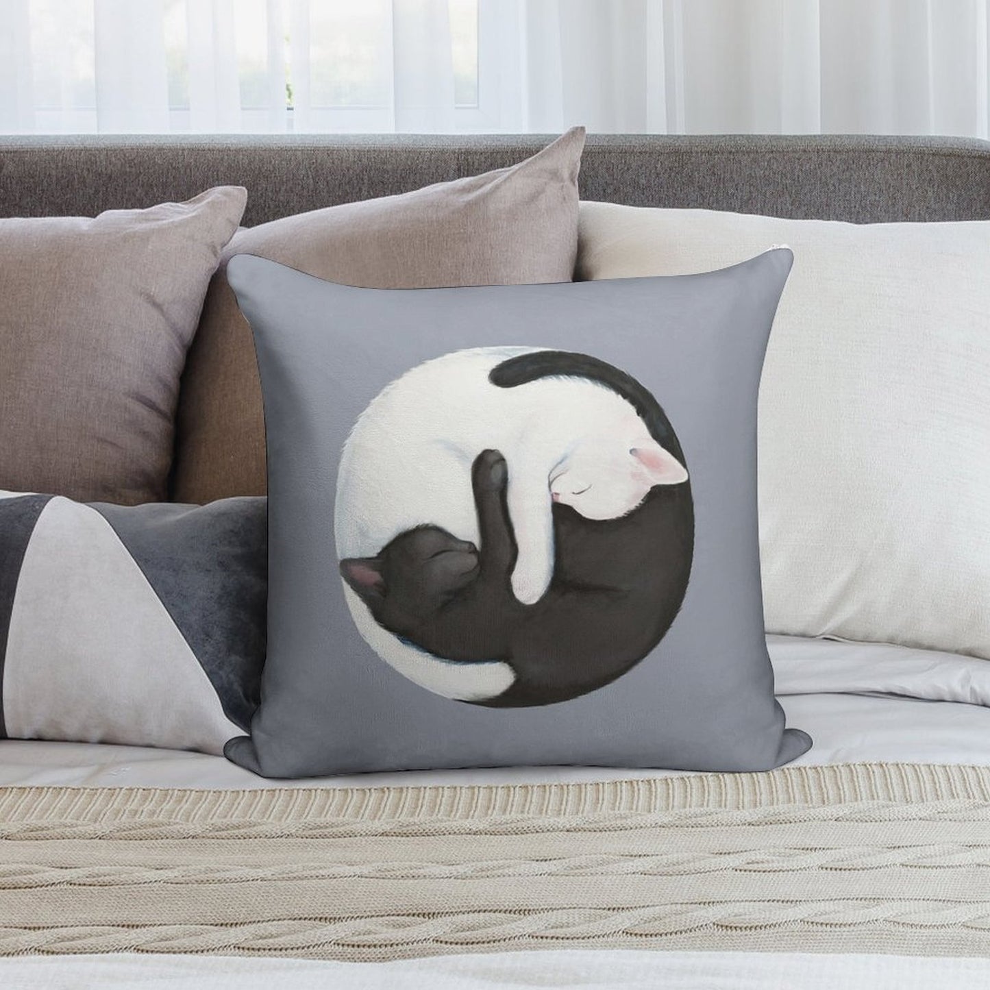 Yin Yang Balancing Cats Soft Bedroom Essential Throw Pillow