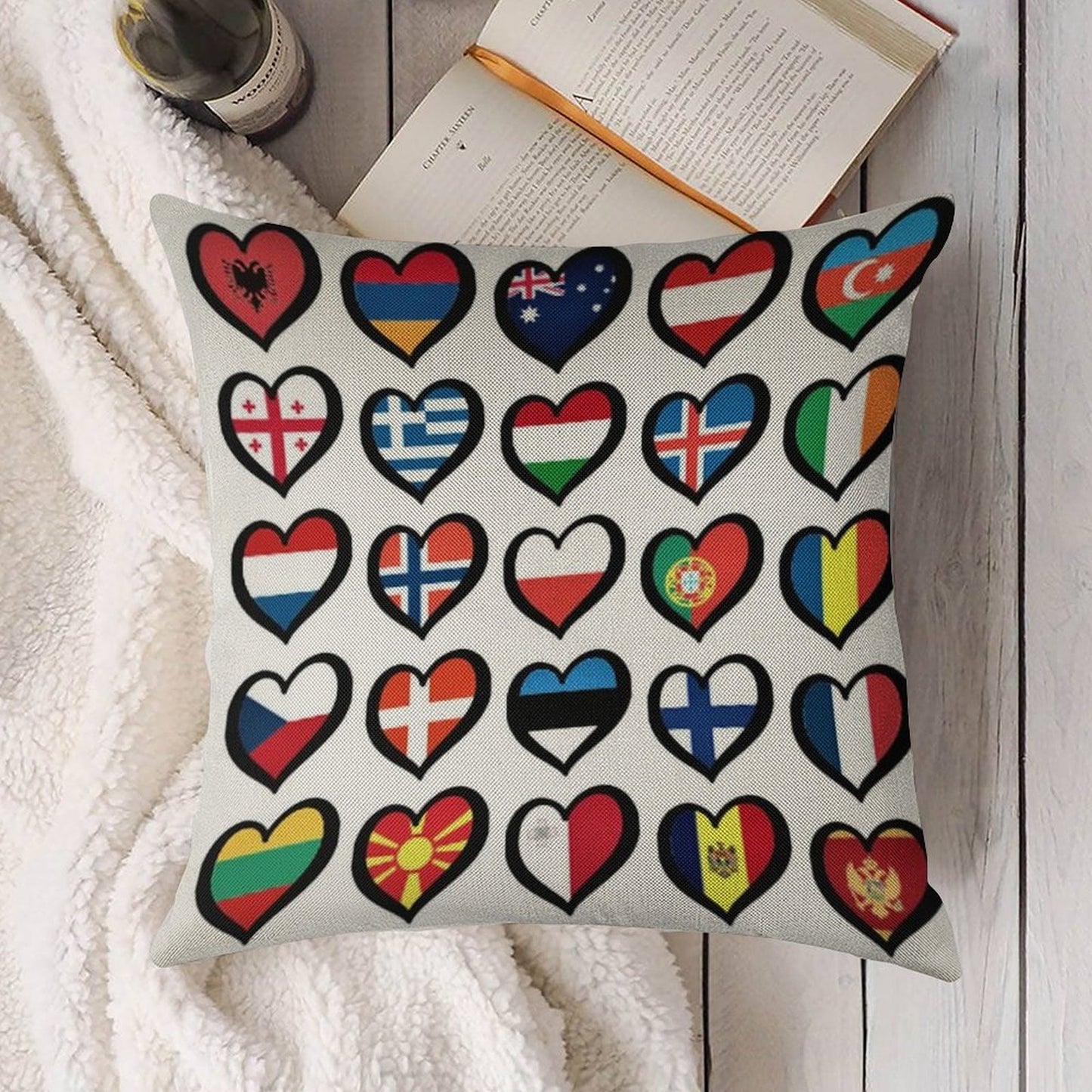 Eurovision Song Contest Flags Hearts ESC EBU Eurofans Linen Throw Pillow Cover