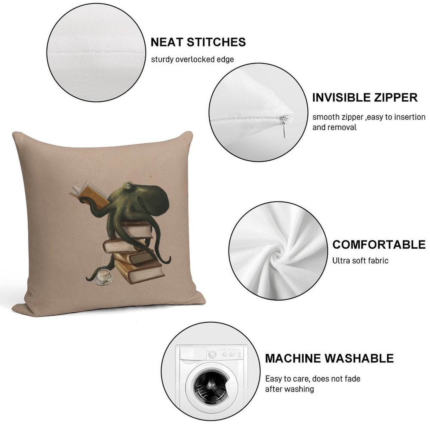 Well-Read Octopus Soft Durable Construction Throw Pillow