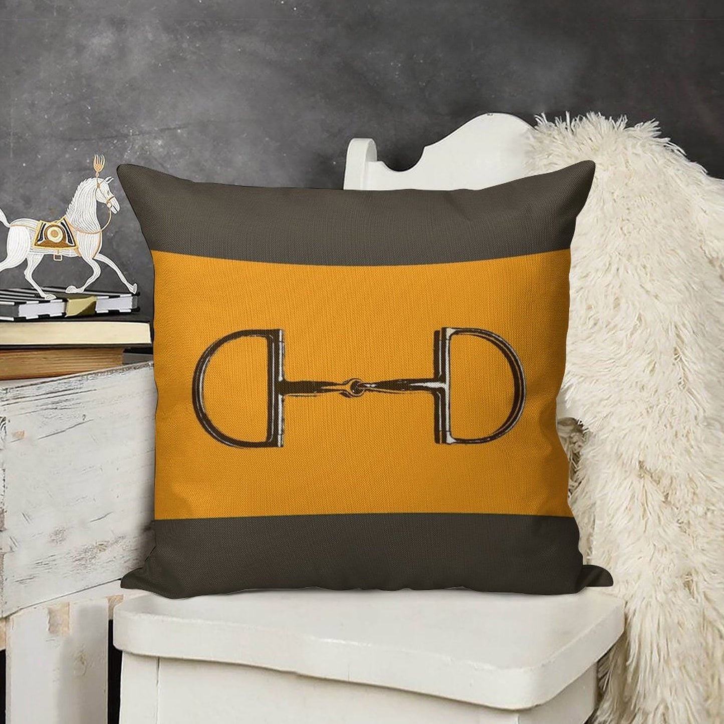 Orange Horse Bit with Taupe Background Linen Throw Pillow Cover