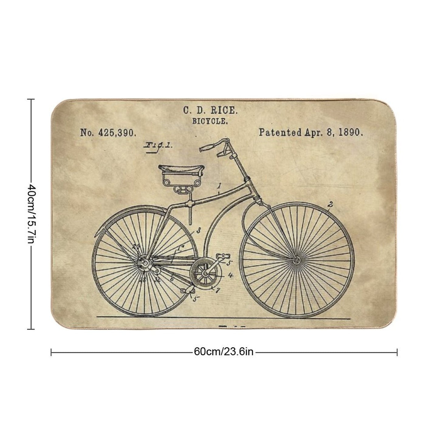 Antique Bicycle Blueprint Patent Drawing Plan, Industrial Farmhouse Bath Mat