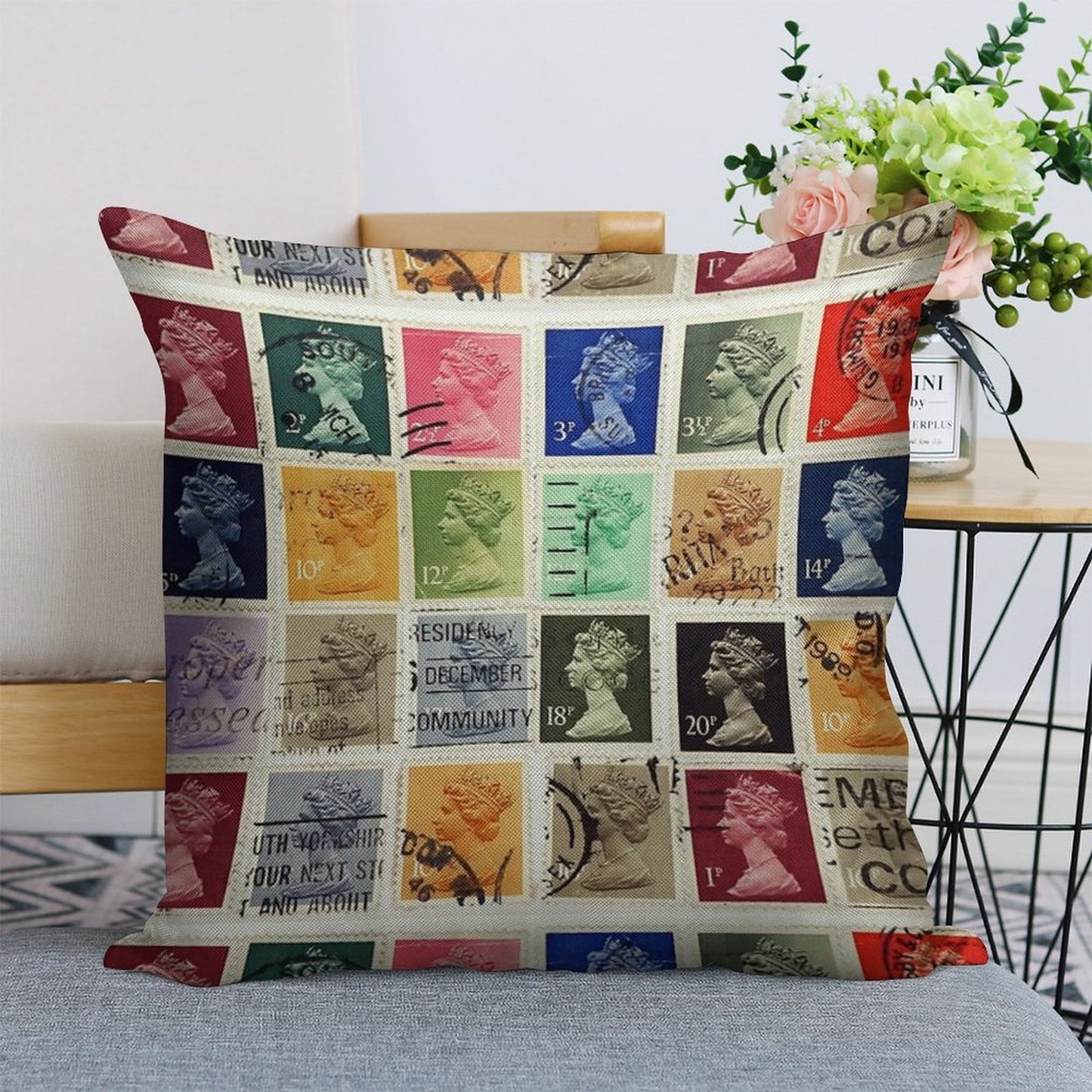 British Postage Stamps with A Queen Elizabeth Profile. Linen Throw Pillow Cover
