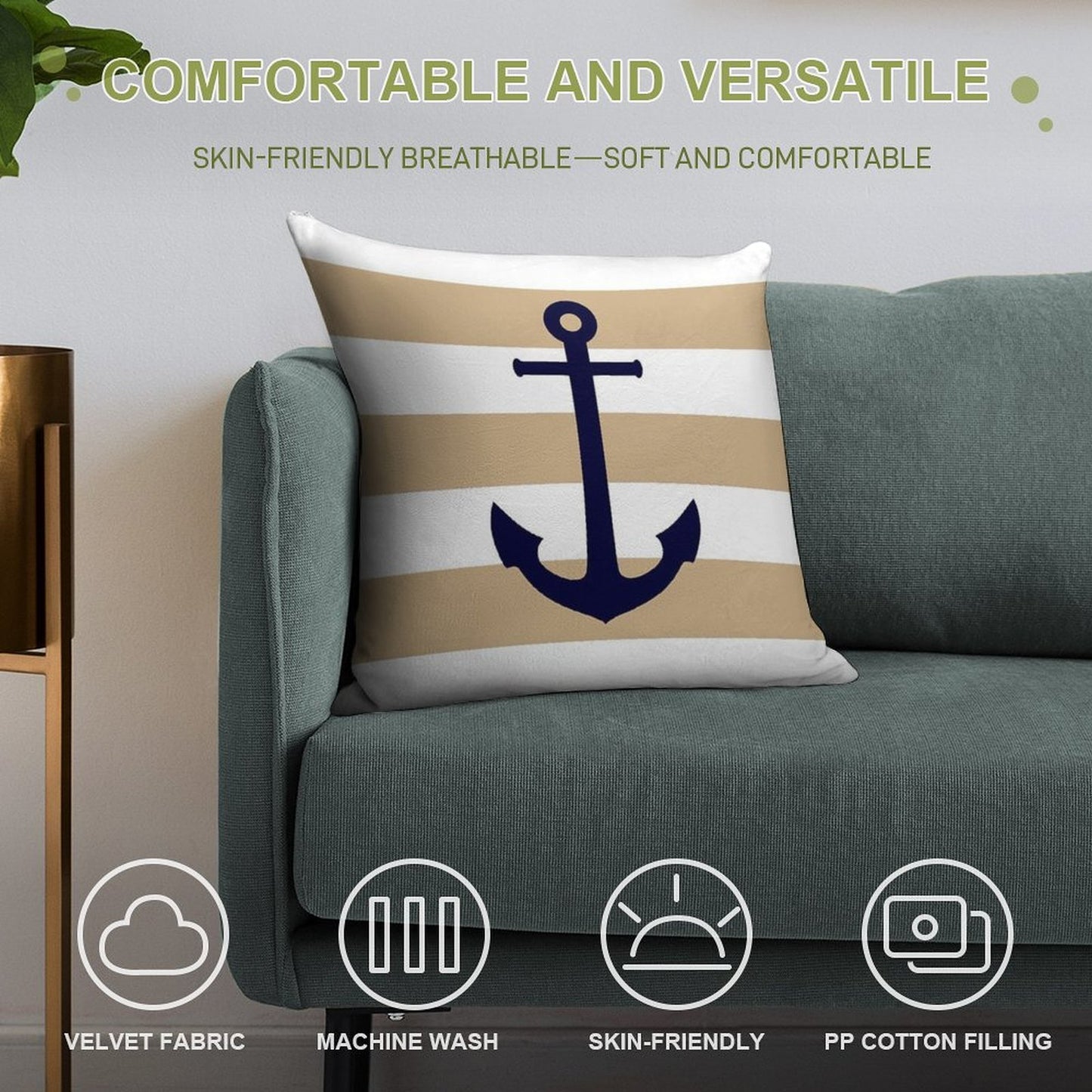 Nautical Navy Blue Anchor On Tropical Tan Stripes Soft Ultra-Soft Texture Throw Pillow