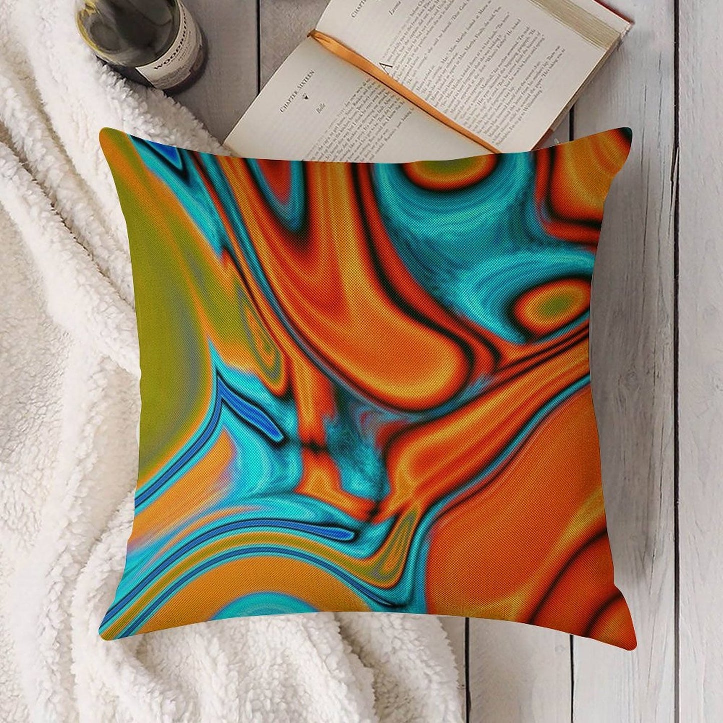 Vivid Modern Southwest Hipster Turquoise Orange Swirls Linen Throw Pillow Cover