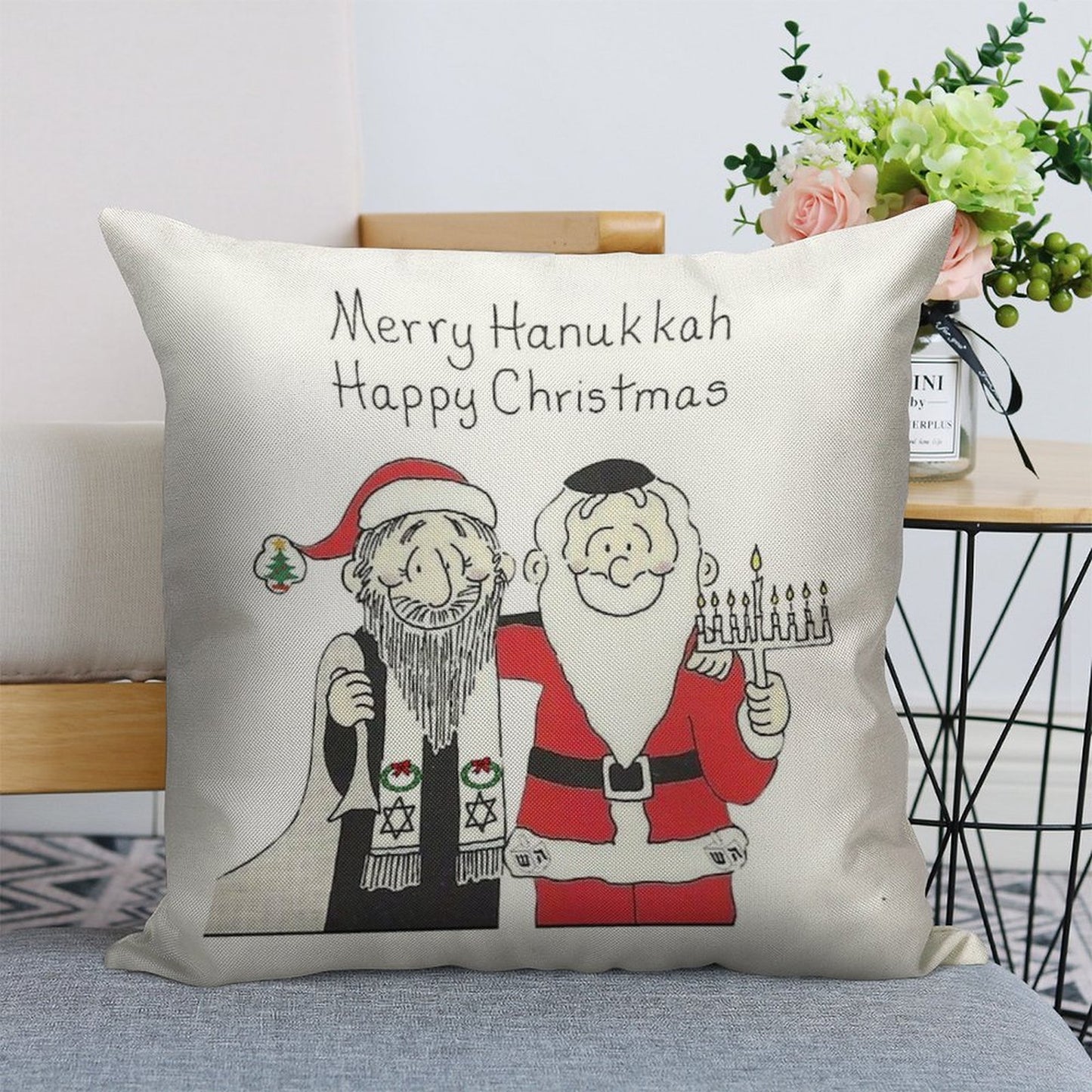 Celebrate Both, Interfaith, Hanukkah And Christmas, Chanukkah Linen Throw Pillow Cover