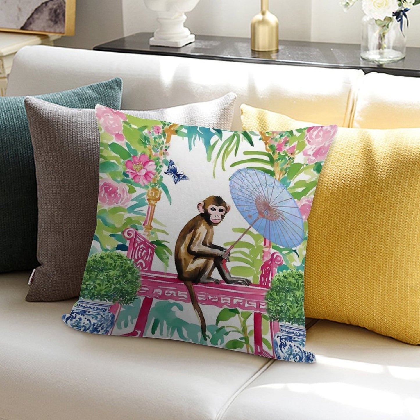 Monkey in Chinoiserie Garden Soft Washable Throw Pillow