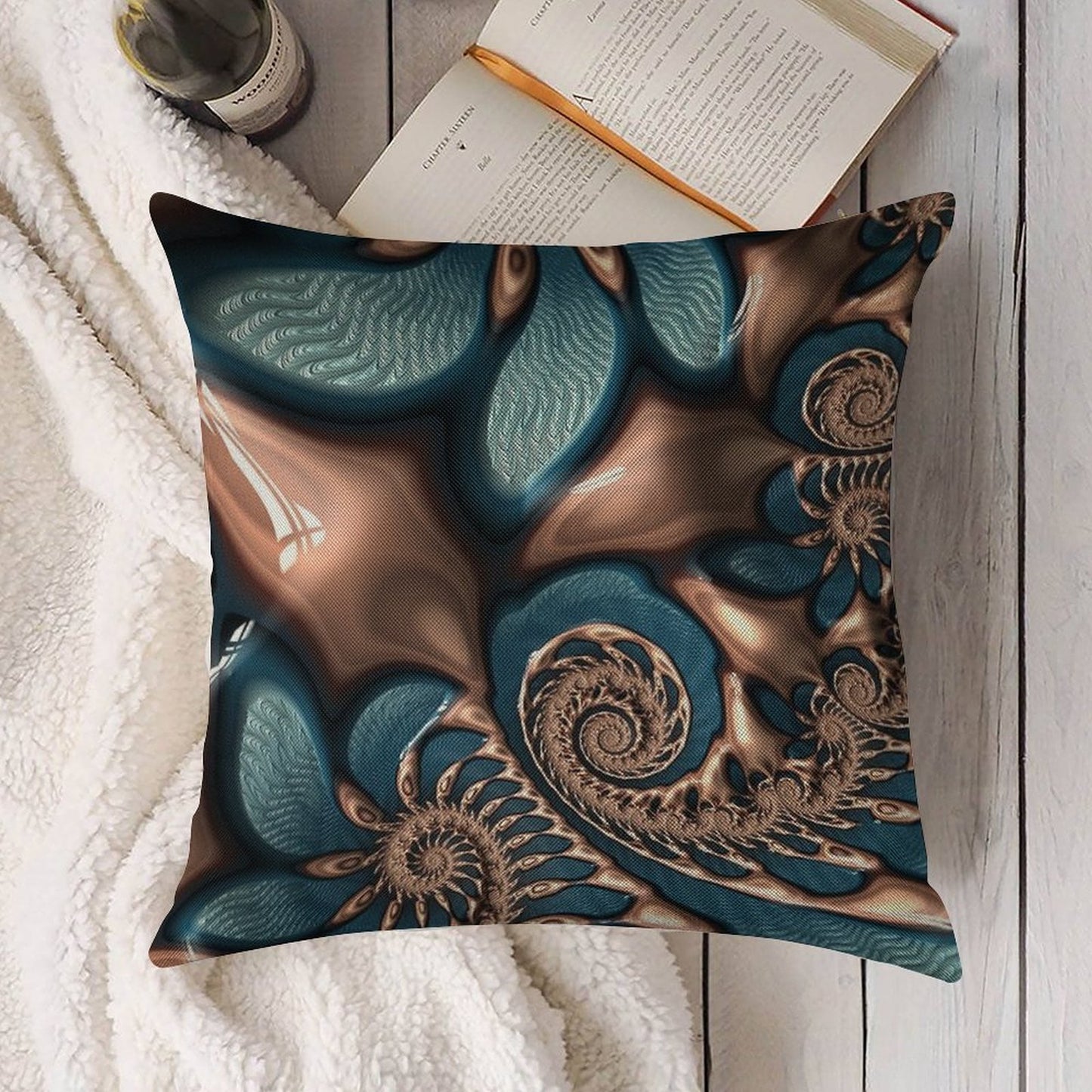 Teal And Chocolate Swirl - Blue Brown Fractal Spirals Linen Throw Pillow Cover