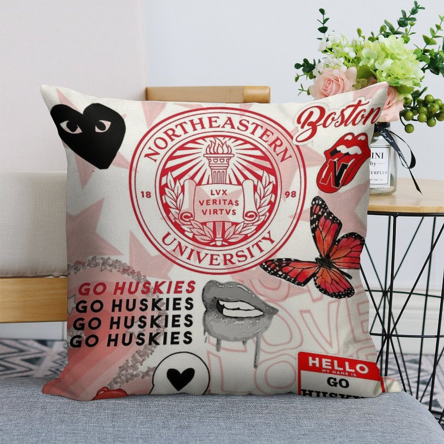 NORTHEASTERN COLLAGE Linen Throw Pillow Cover