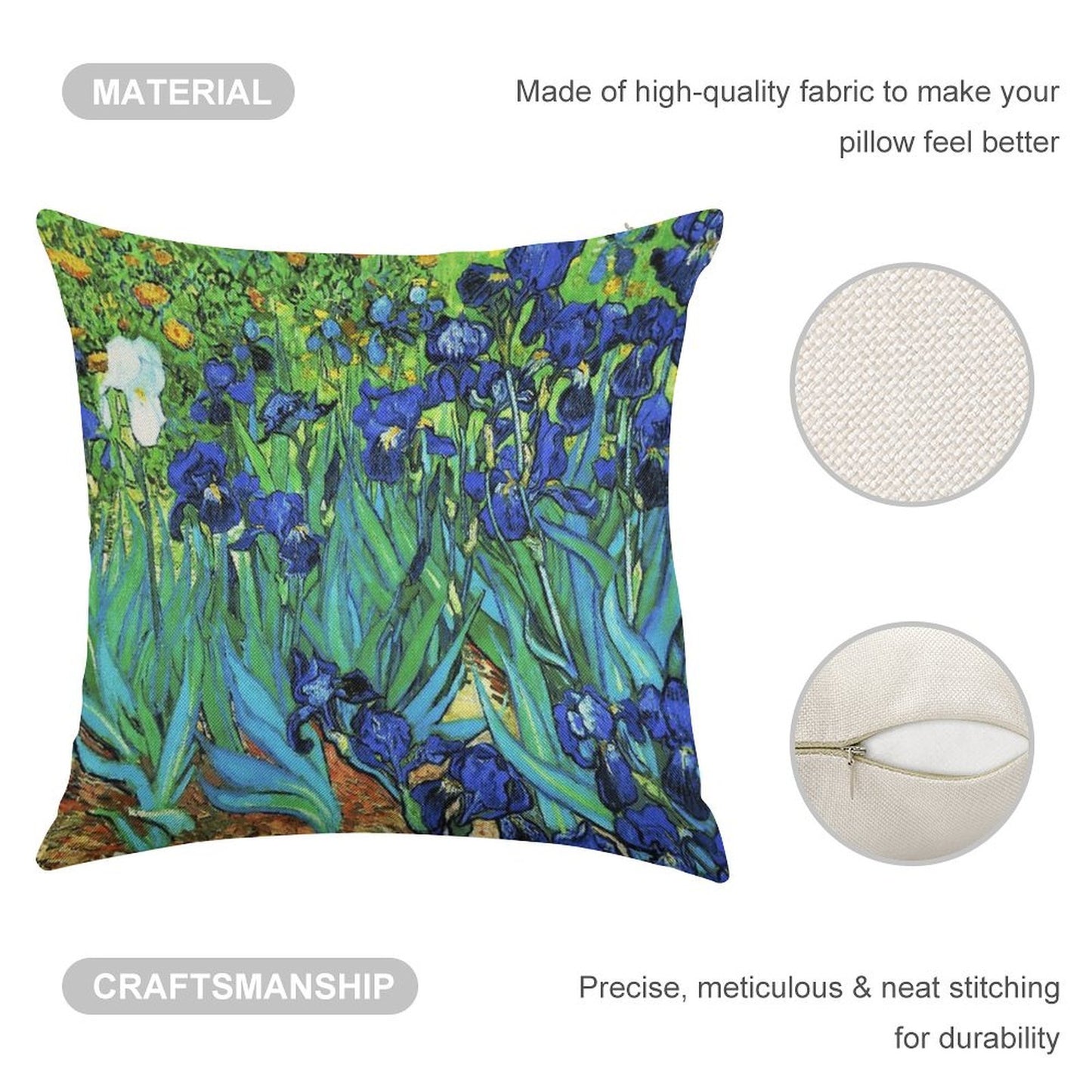 Van Gogh HDR Garden Irises Linen Throw Pillow Cover