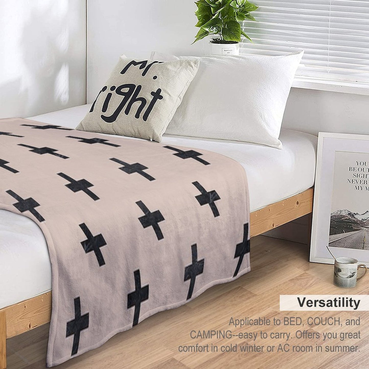 Beige And Black Textured Swiss Cross Pattern Throw Blanket