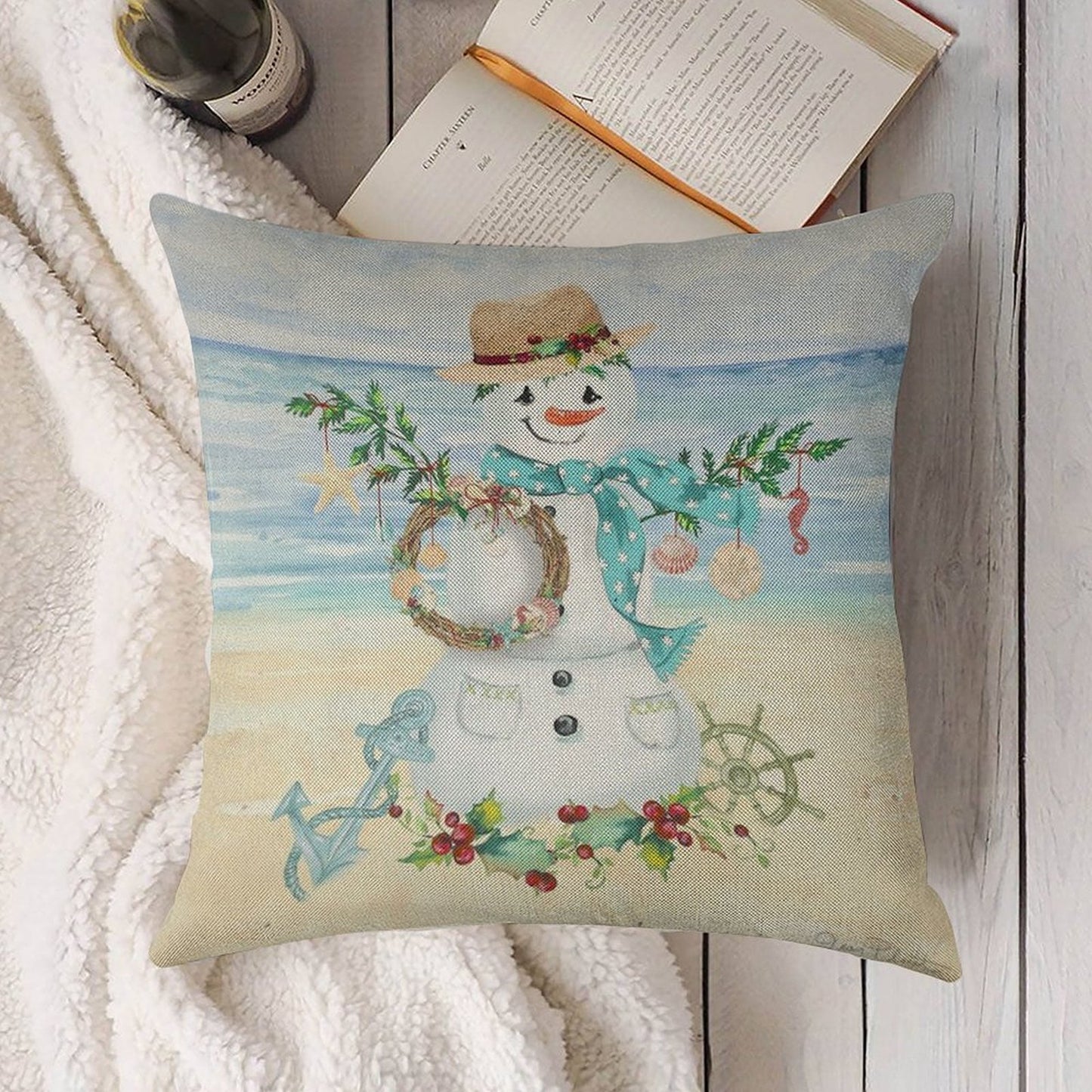 Coastal Christmas F Linen Throw Pillow Cover