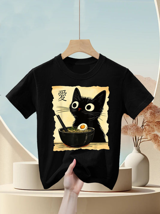 Funny Cat Ramen Graphic Japanese Kawaii Anime Cat Kids T-Shirt