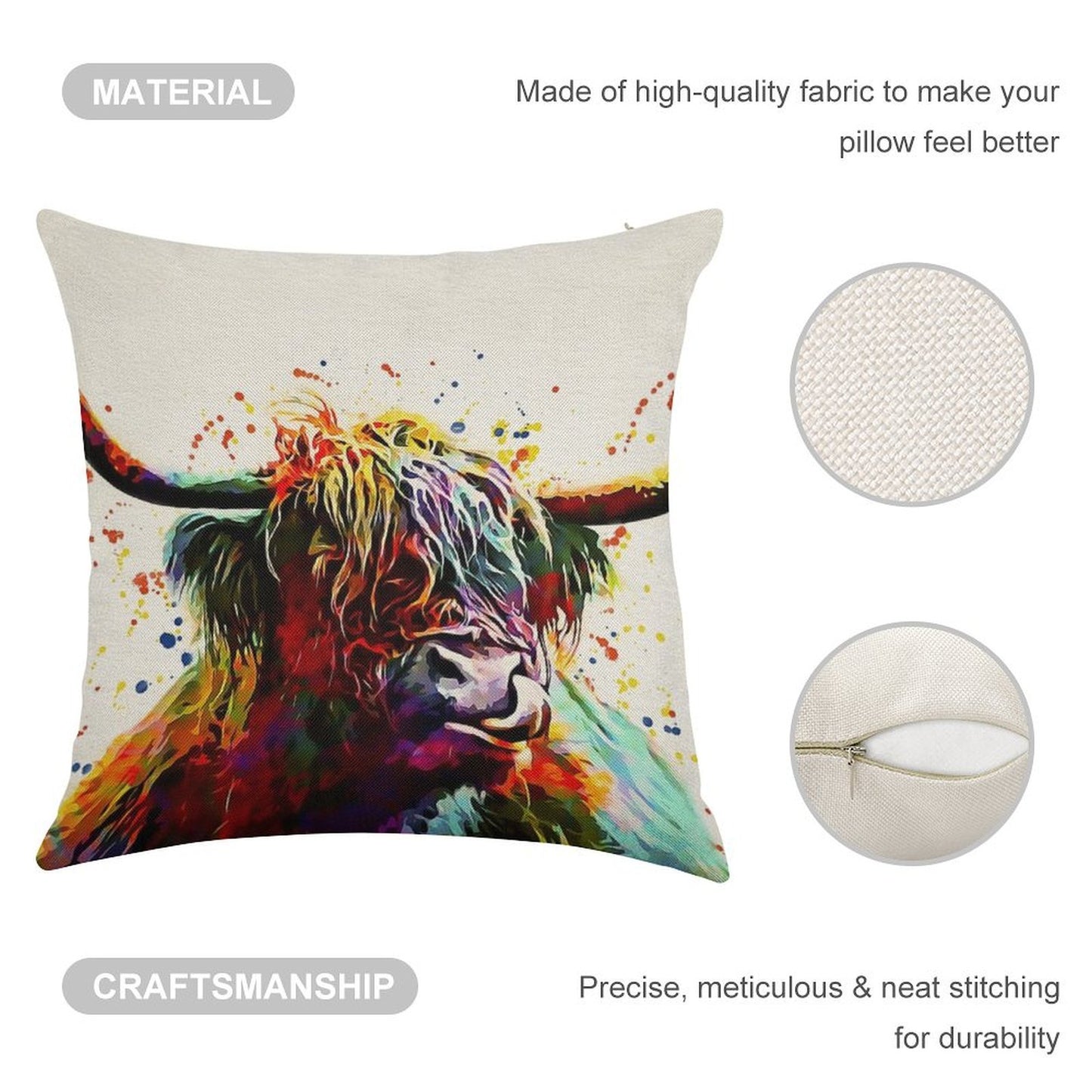 Highland Cow Watercolor Art Work Linen Throw Pillow Cover