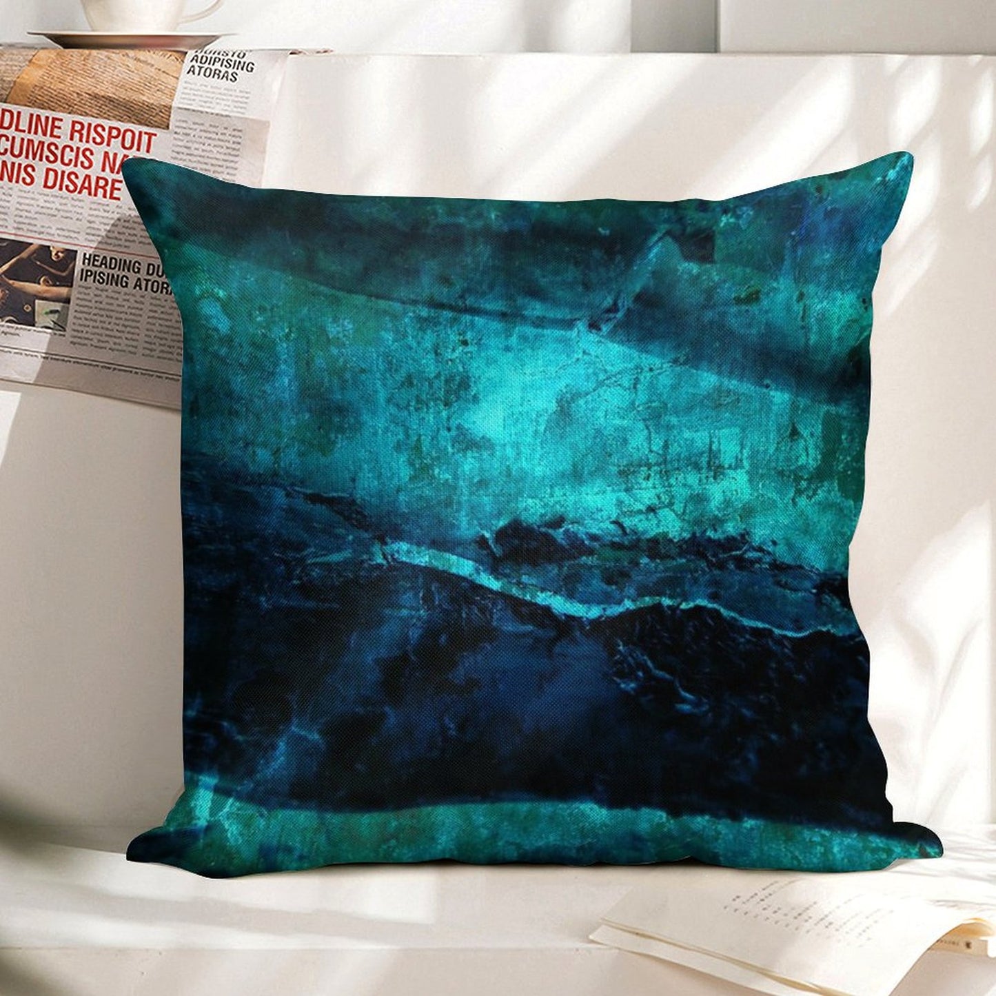 Beneath - Abstract in Navy Blue And Turquoise Linen Throw Pillow Cover