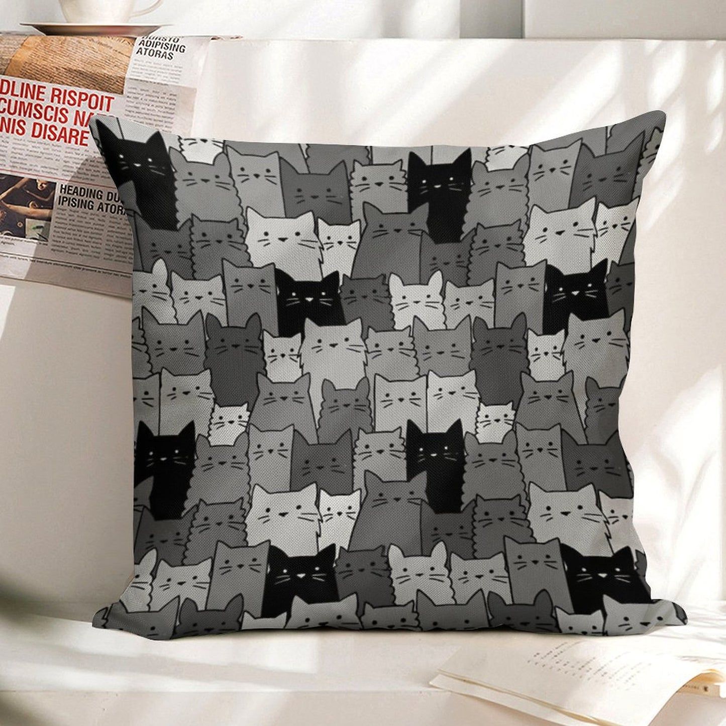 Silent Cats Monochromatic Linen Throw Pillow Cover
