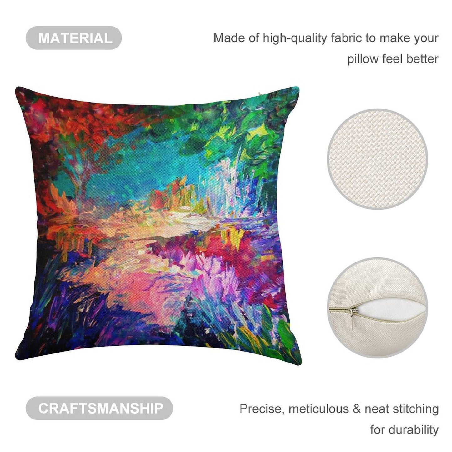 WELCOME TO UTOPIA Bold Rainbow Multicolor Abstract Painting Forest Nature Whimsical Fantasy Fine Art Linen Throw Pillow Cover