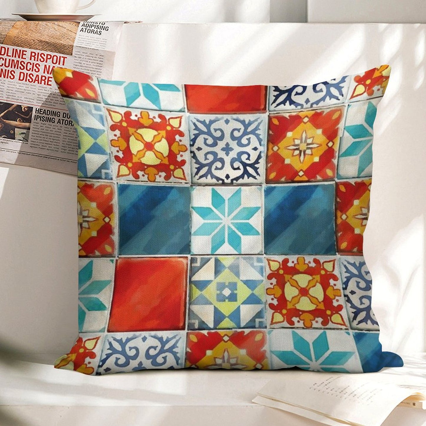 Colorful Azulejos Tiles from Azul Board Game Linen Throw Pillow Cover