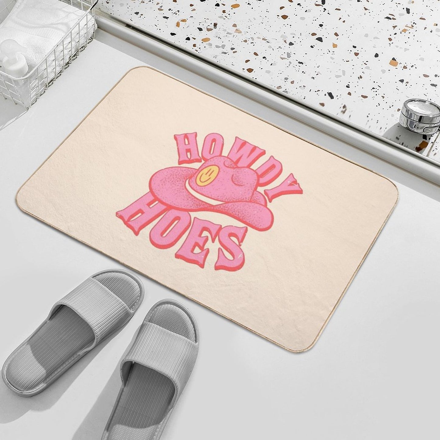 Howdy Hoes Pink Cowboy Cowgirl Rodeo Hat Preppy Aesthetic MEME HOWDY Y'ALL White Background Bath Mat