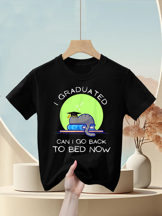 I Graduated Can I Go Back To Bed Now Funny Cat Graduation Kids T-Shirt