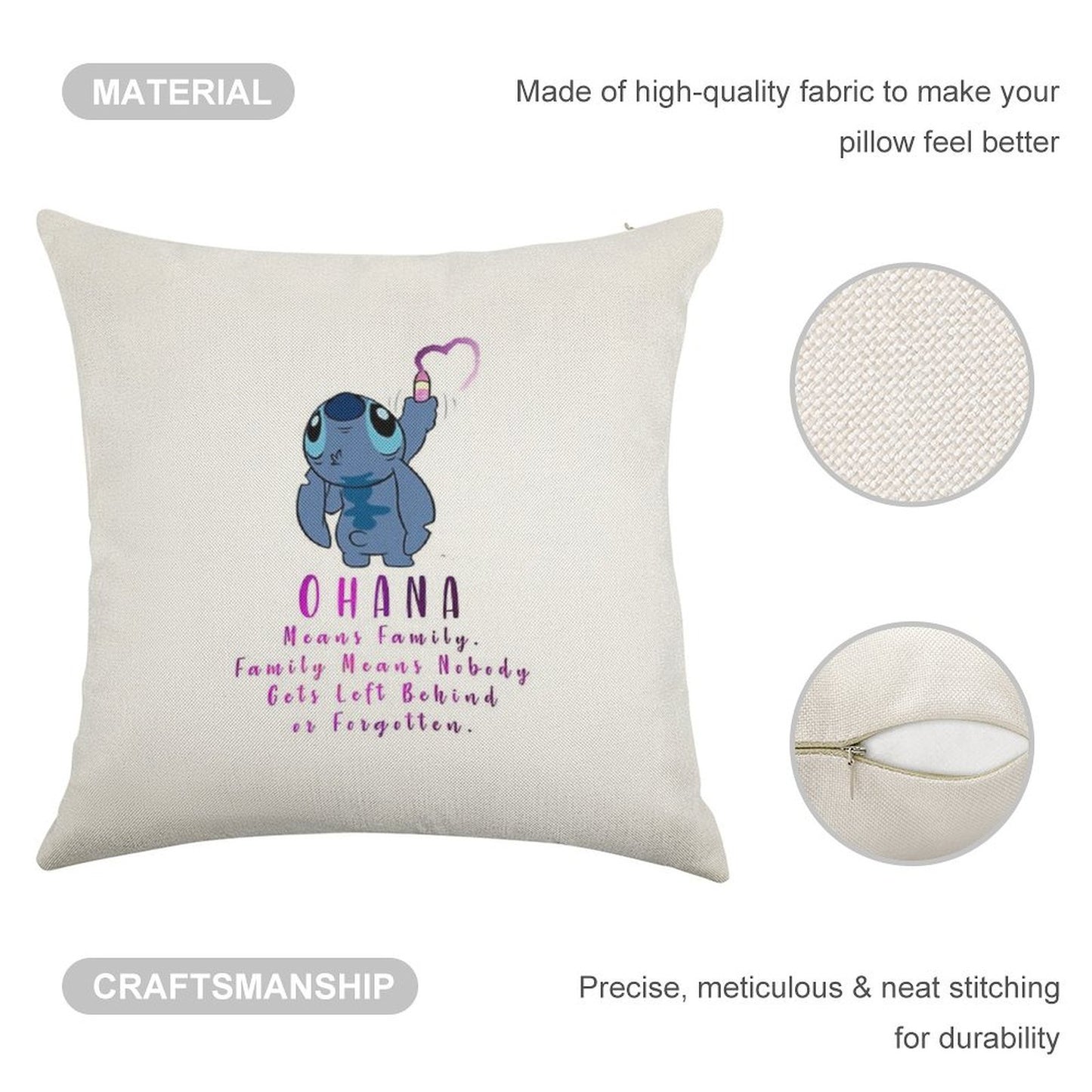 Lilo And Stitch Ohana Linen Throw Pillow Cover