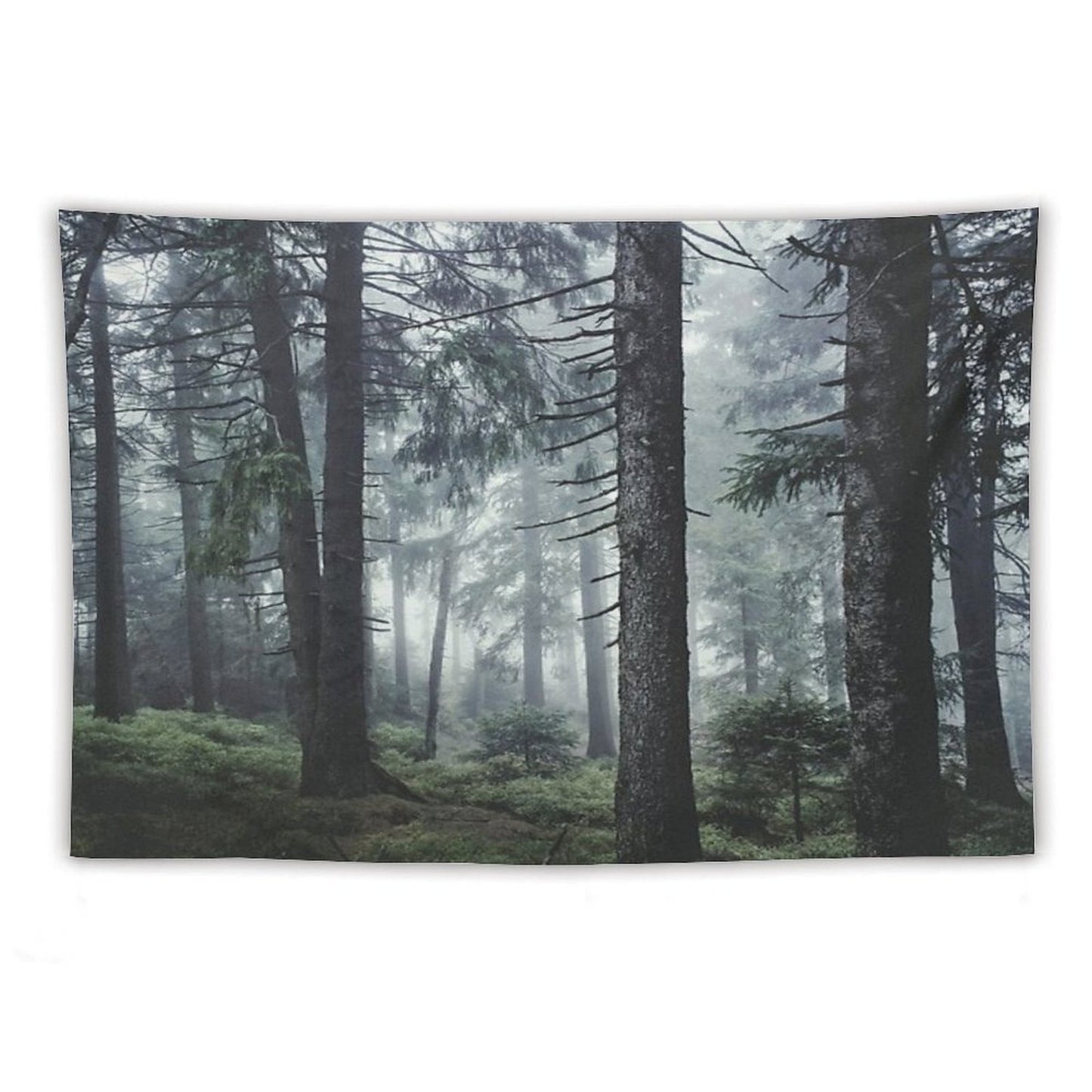 Path Vibes Wild Romantic Misty Retro Fall Wilderness Fairytale Forest With Cascadia Trees Covered In Magic Blue Fog Season Tapestry
