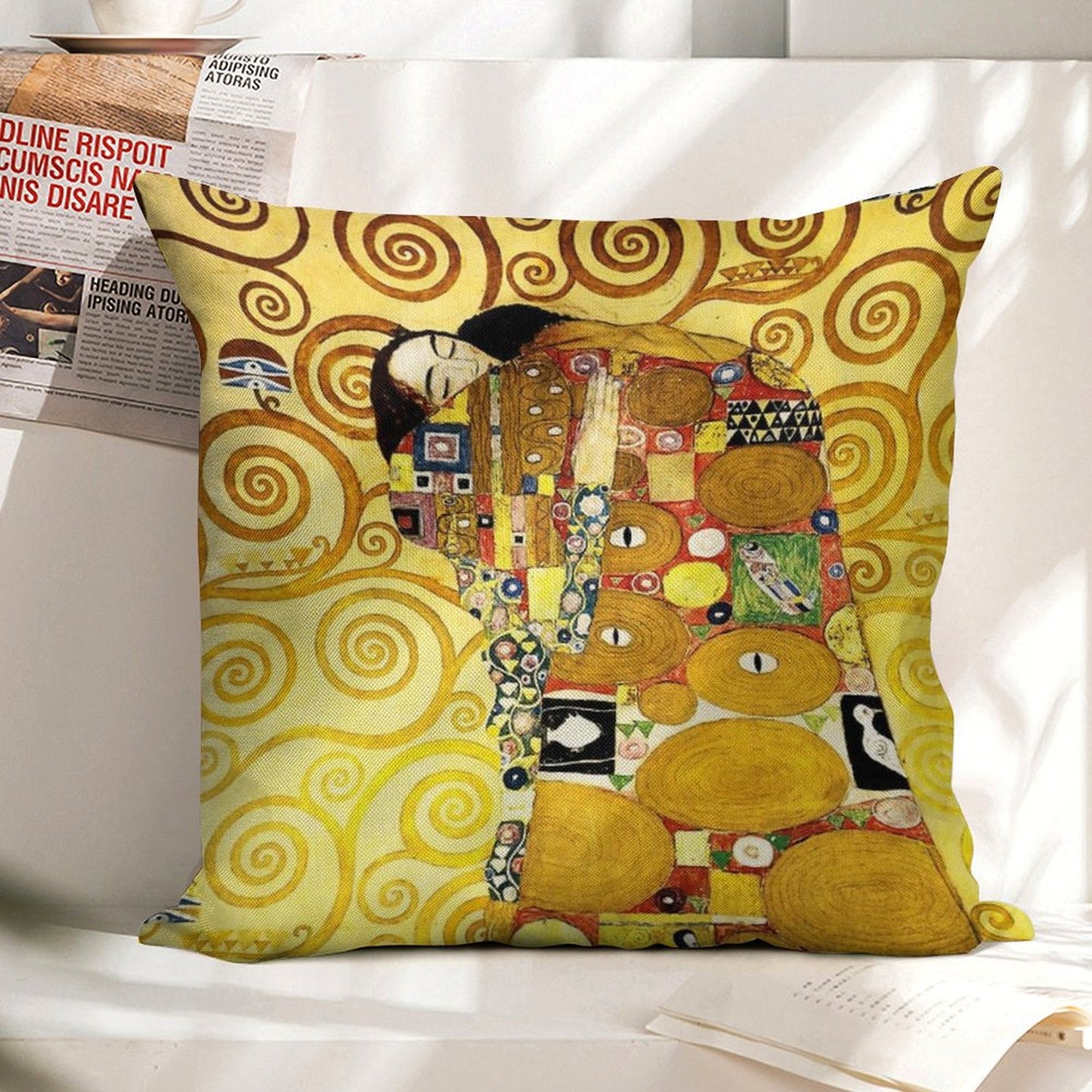 Gustav Klimt The Embrace Linen Throw Pillow Cover