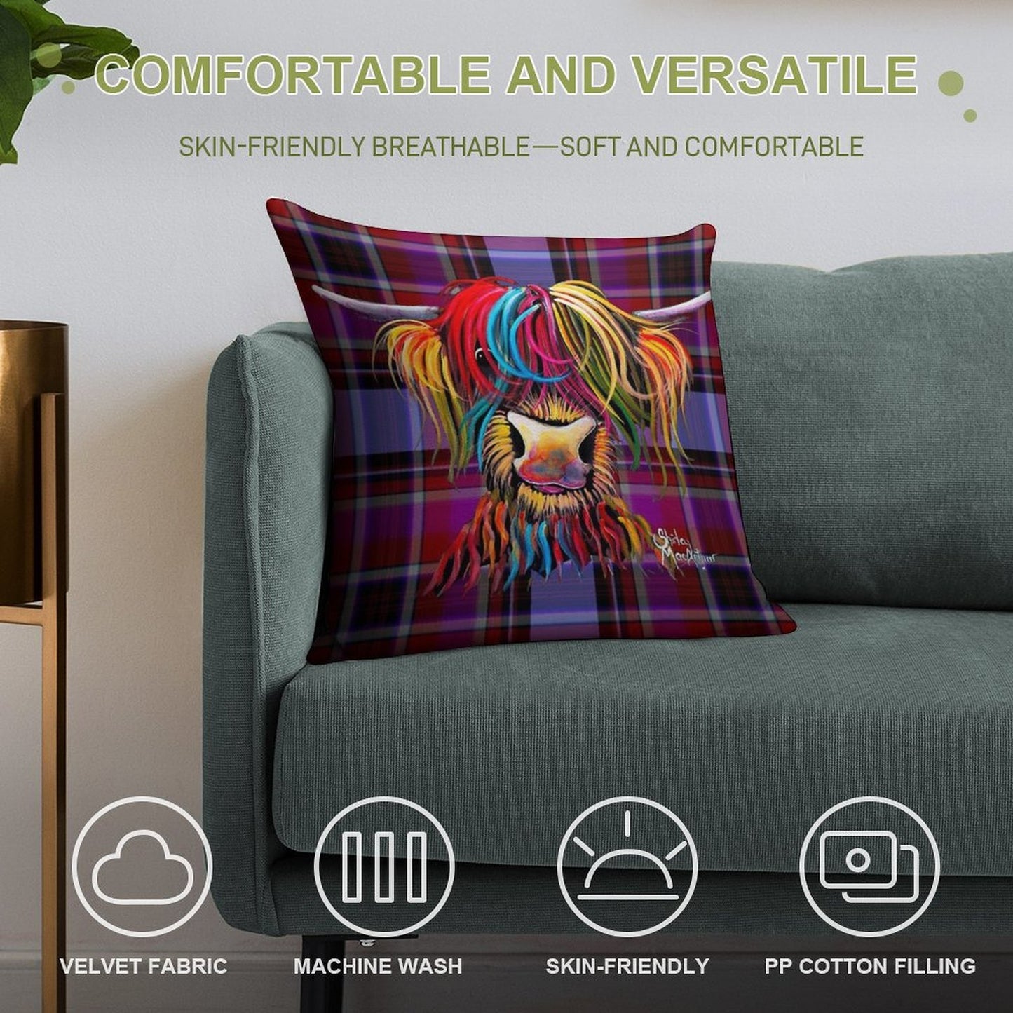 SCoTTiSH HiGHLaND CoW ' TaRTaN NeLLY P ' by SHiRLeY MacARTHuR Soft Anti-Pilling Throw Pillow