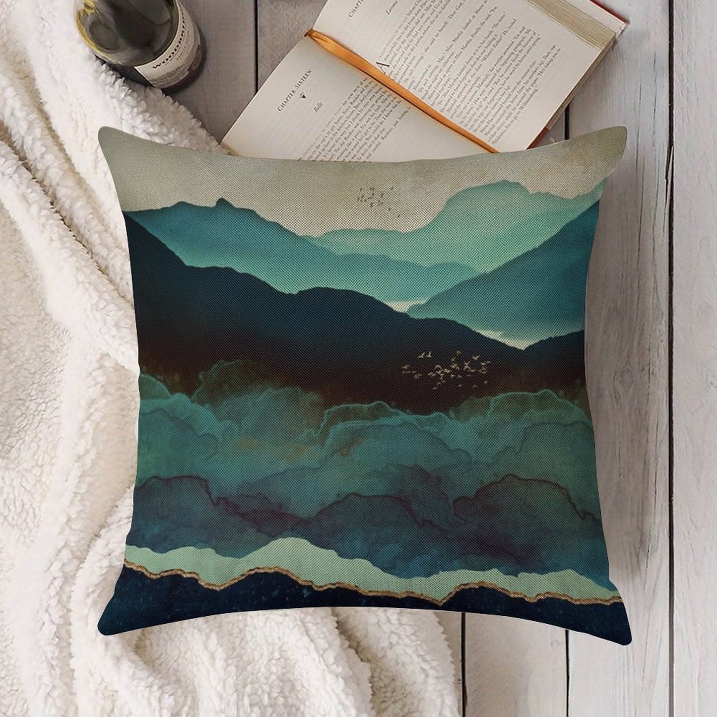 Indigo Mountains Linen Throw Pillow Cover
