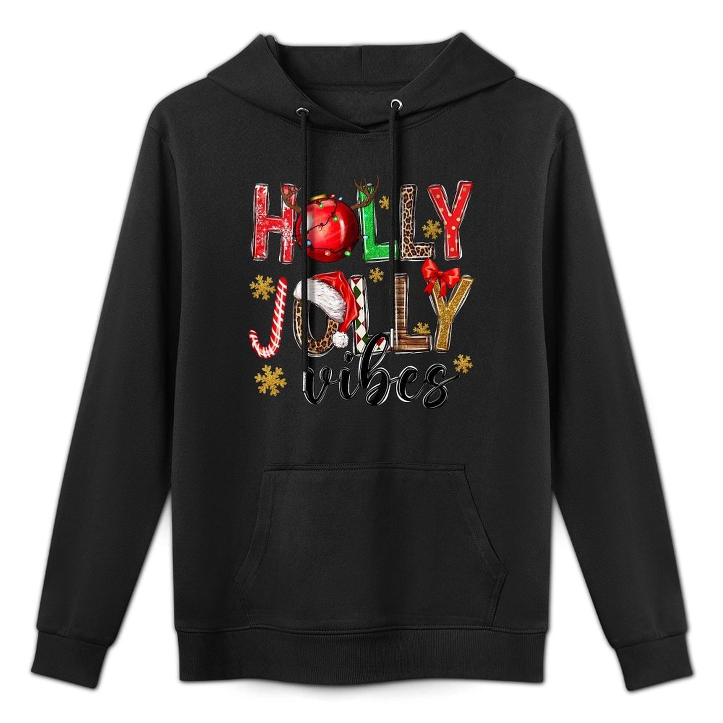 Womens Holly Vibes Jolly Christmas Santa Hat Western Leopard Pajama Casual Wear Hoodie