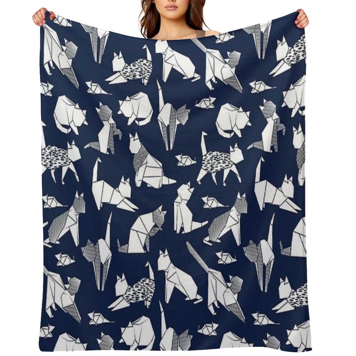 Origami Kitten Friends Blue Navy Background Paper Cats Throw Blanket