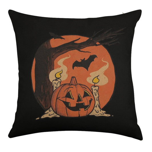 Vintage Pumpkin Scene Halloween Linen Throw Pillow Cover