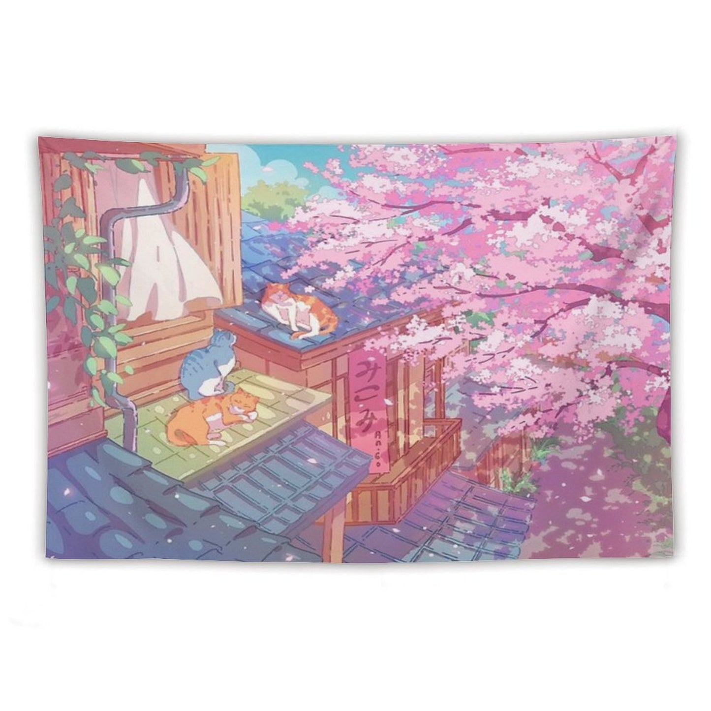 The Cute Cats, Rooftops, And Pink Cherry Blossom Tapestry