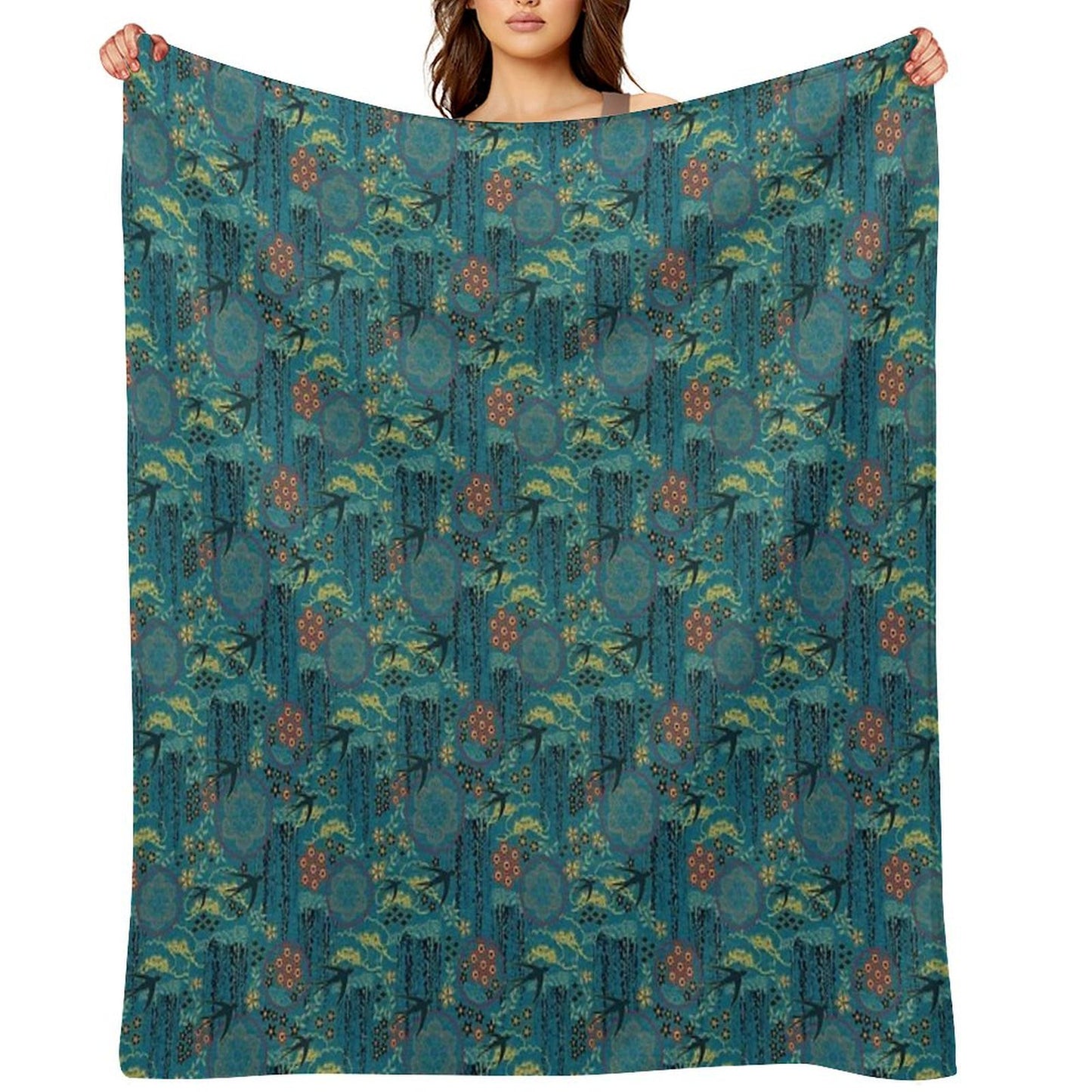 Japanese Garden in Teal Gold Red And Black Throw Blanket