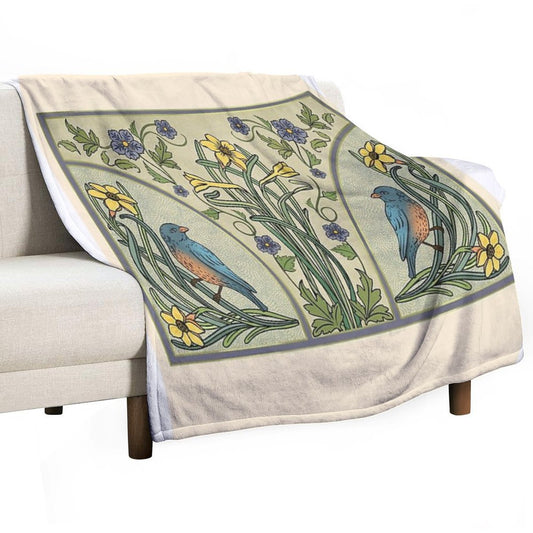 Bluebirds And Spring Blossoms Inspired By Art Nouveau Throw Blanket