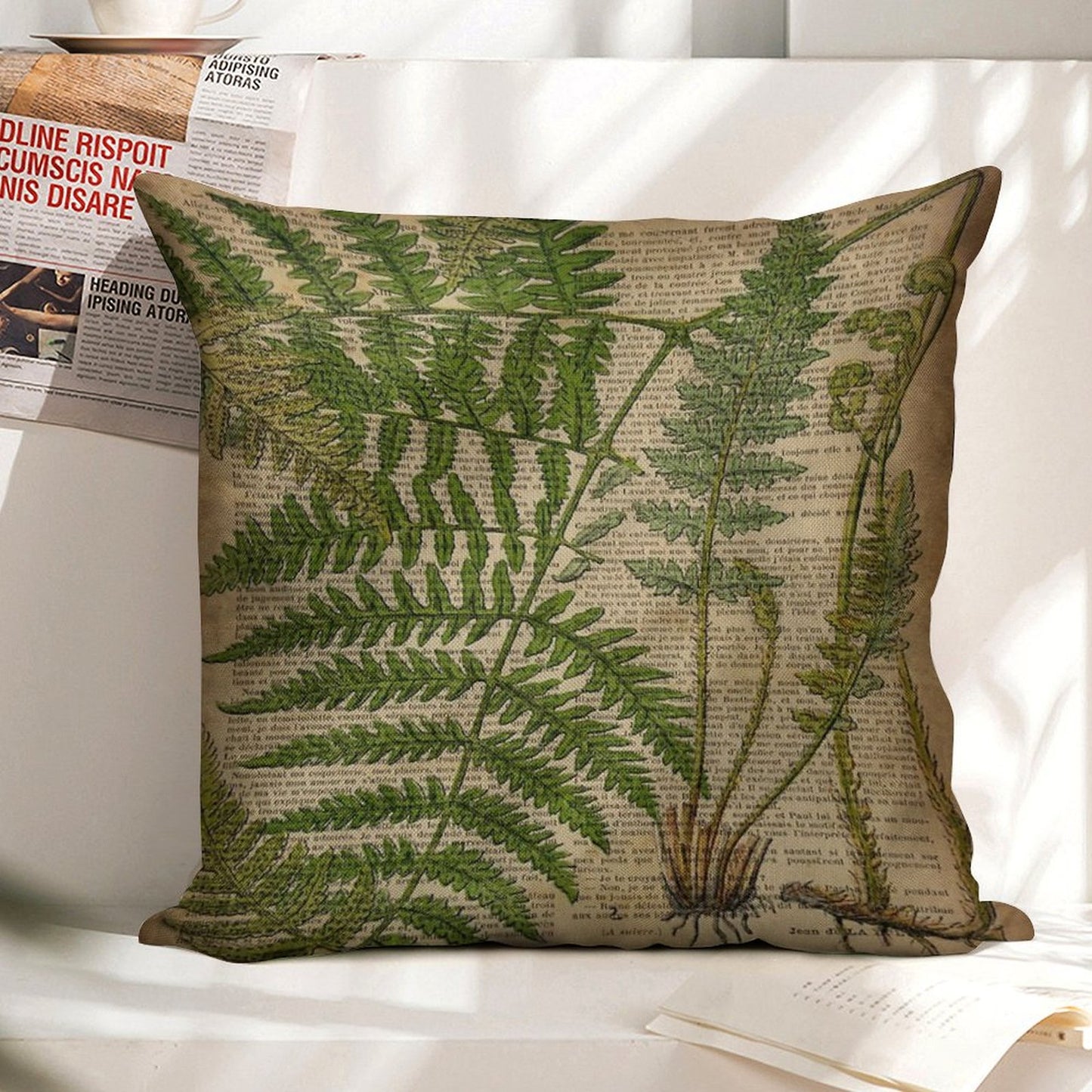 Vintage Foliage Hipster Botanical Print Fern Leaves Linen Throw Pillow Cover