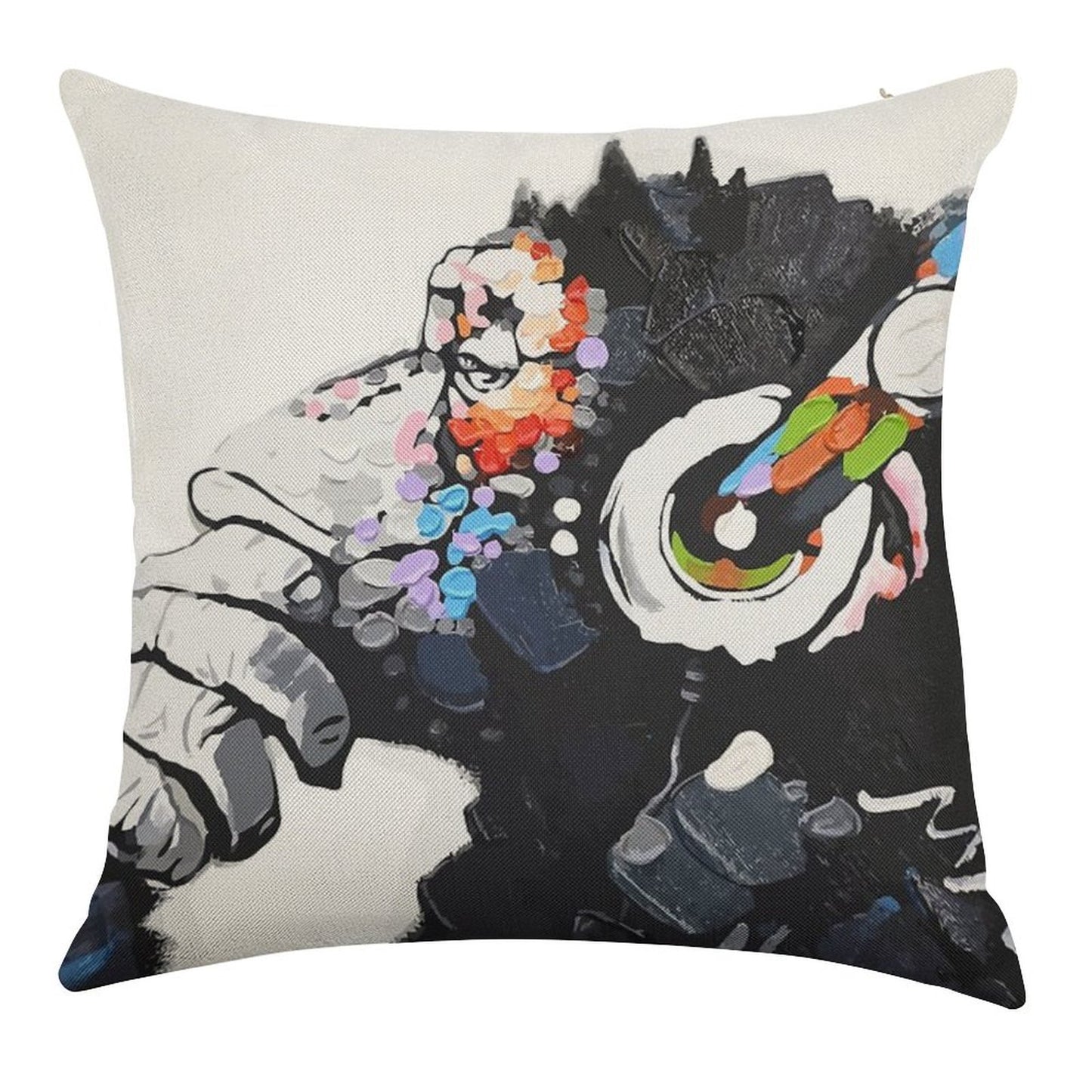 Banksy DJ Monkey Thinker with Headphones White Linen Throw Pillow Cover