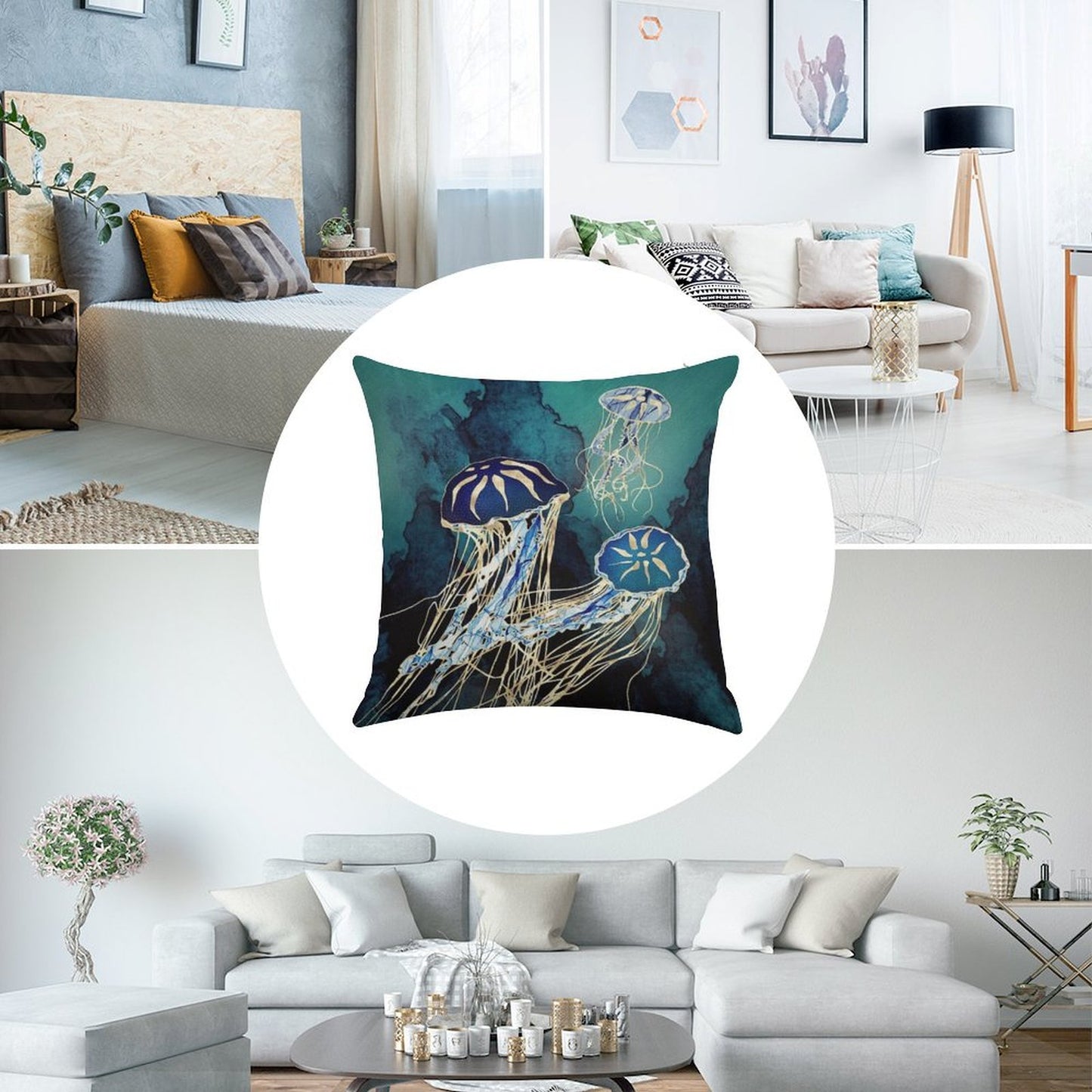 Metallic Jellyfish III Linen Throw Pillow Cover