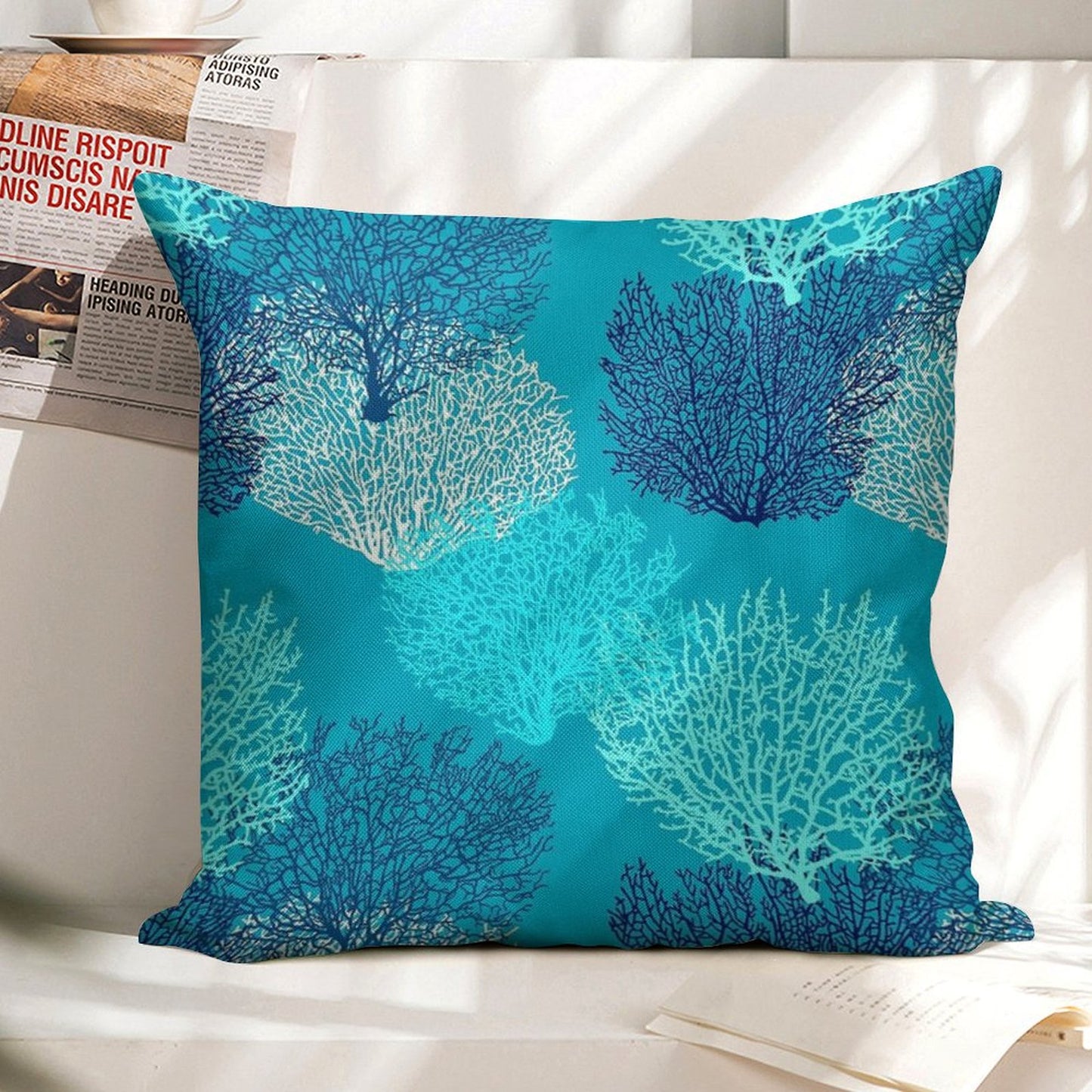 Fan Coral Print, Turquoise, Aqua And Cobalt Blue Linen Throw Pillow Cover