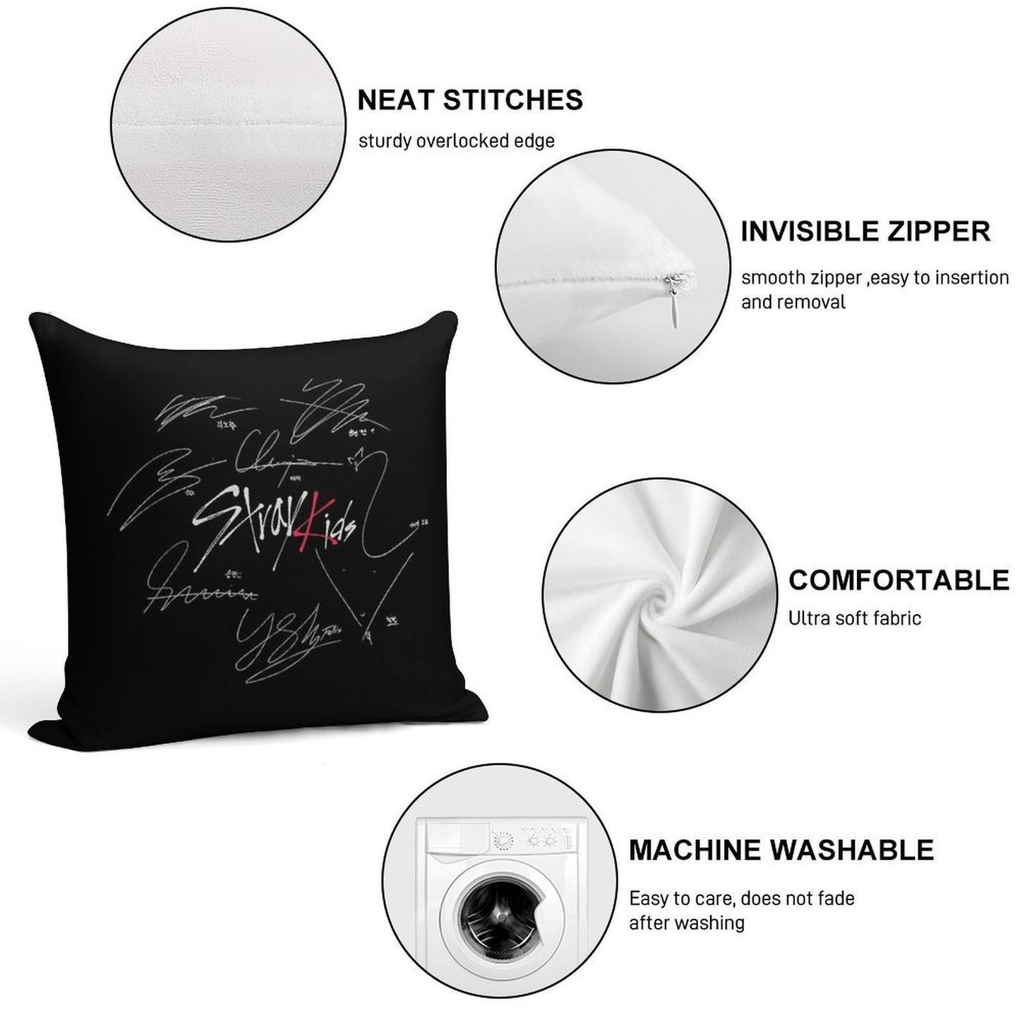 Stray Kids OT8 - Logo with Signatures (black) Soft Skin-Friendly Throw Pillow