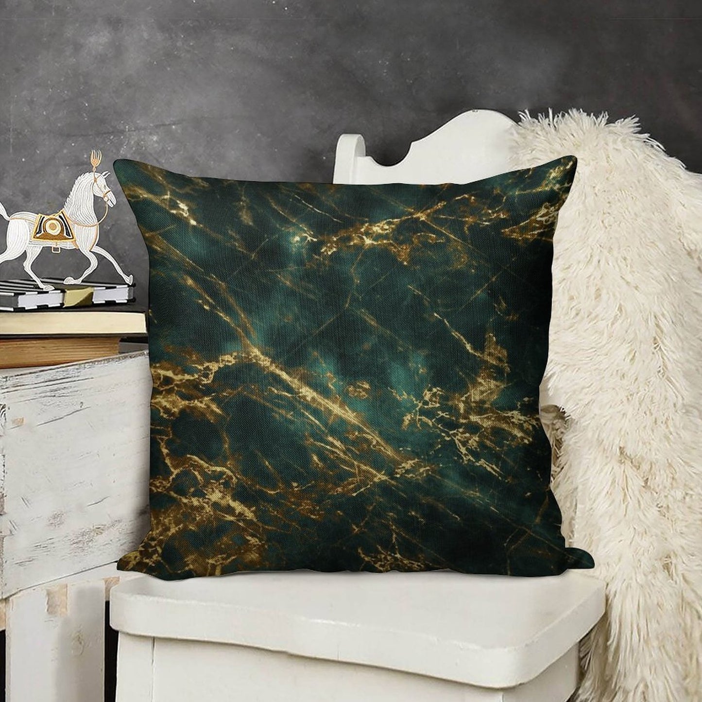 Lavish (Faux) Velvet Green (Faux) Marble With Ornate (Faux) Gold Veins Linen Throw Pillow Cover