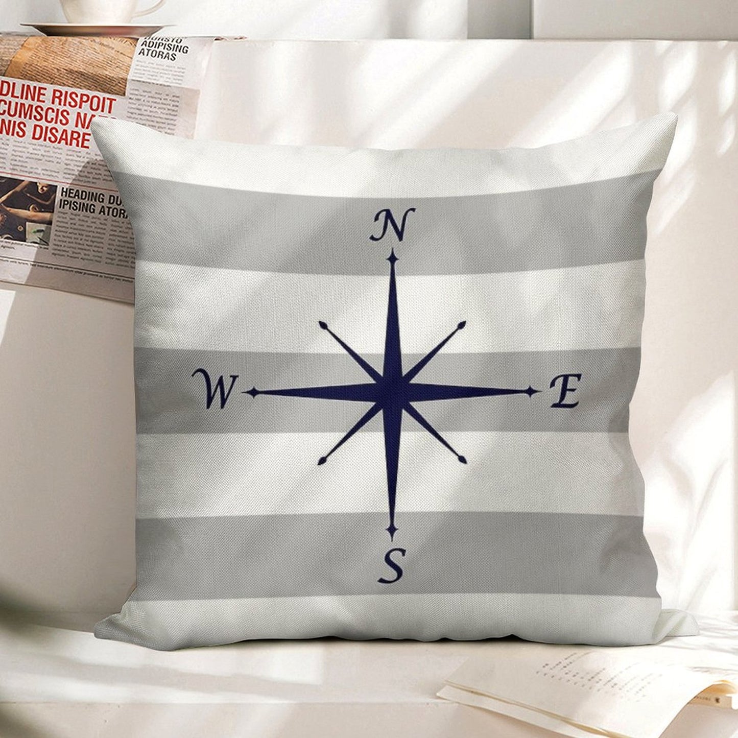 Nautical Navy Blue Compass On Silver Gray And White Stripes Linen Throw Pillow Cover
