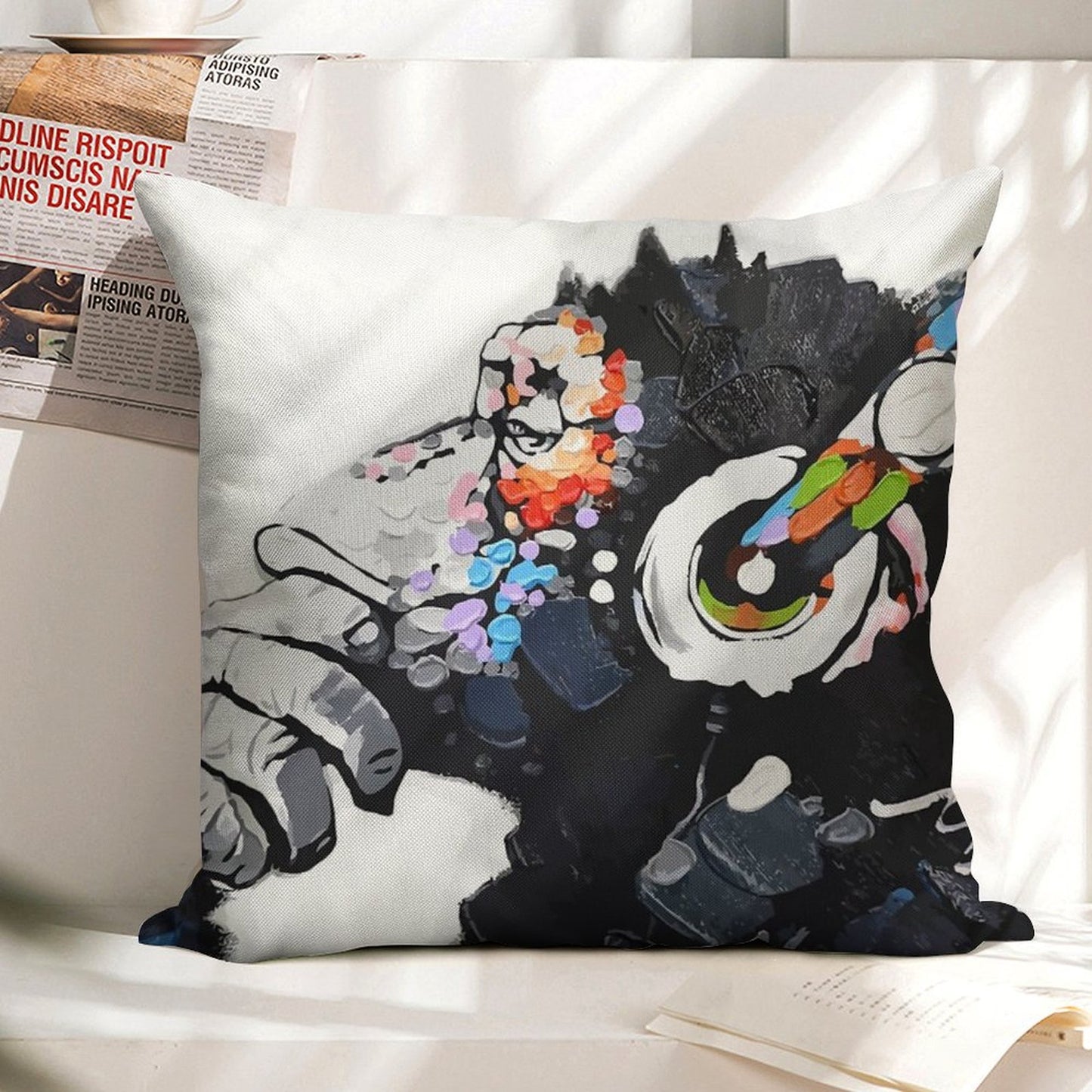 Banksy DJ Monkey Thinker with Headphones White Linen Throw Pillow Cover