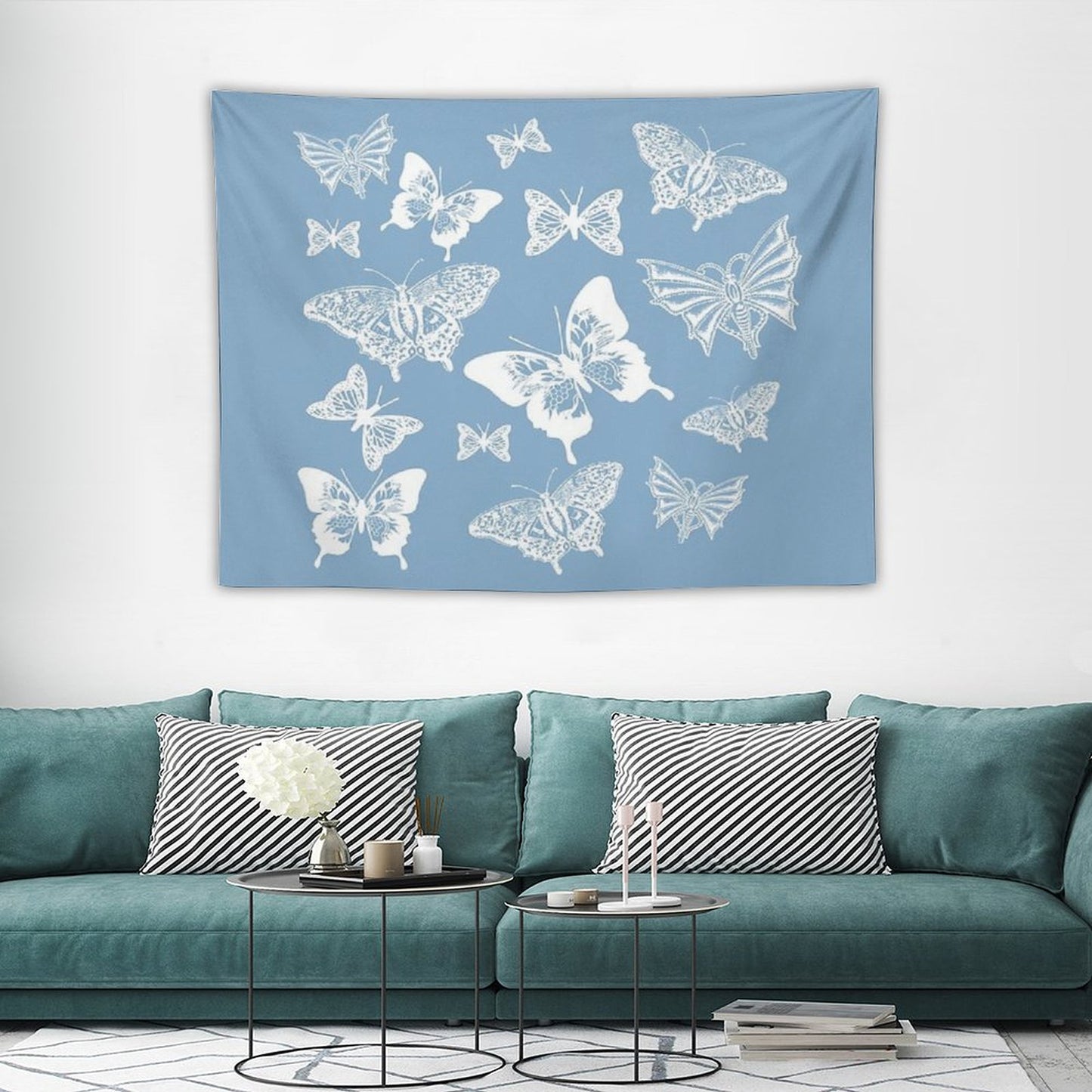 White Butterflies on Smoky Blue Grey Background Tapestry